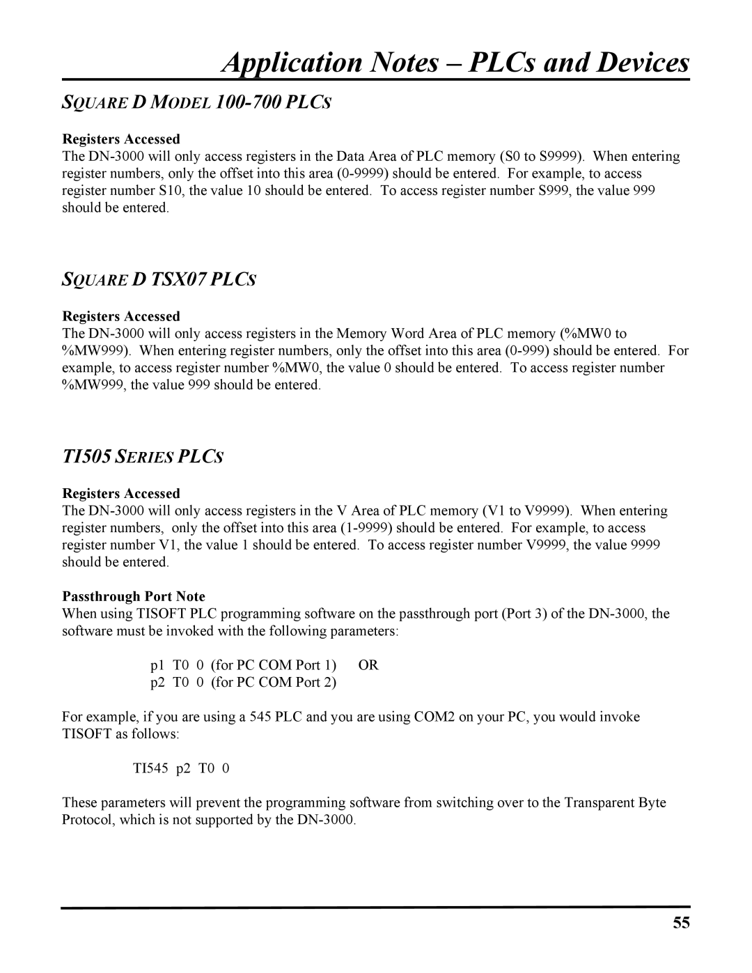 ICP DAS USA 100-700 PLCS, DB25, DN-3000 user manual Square D Model 100-700 Plcs, Passthrough Port Note 