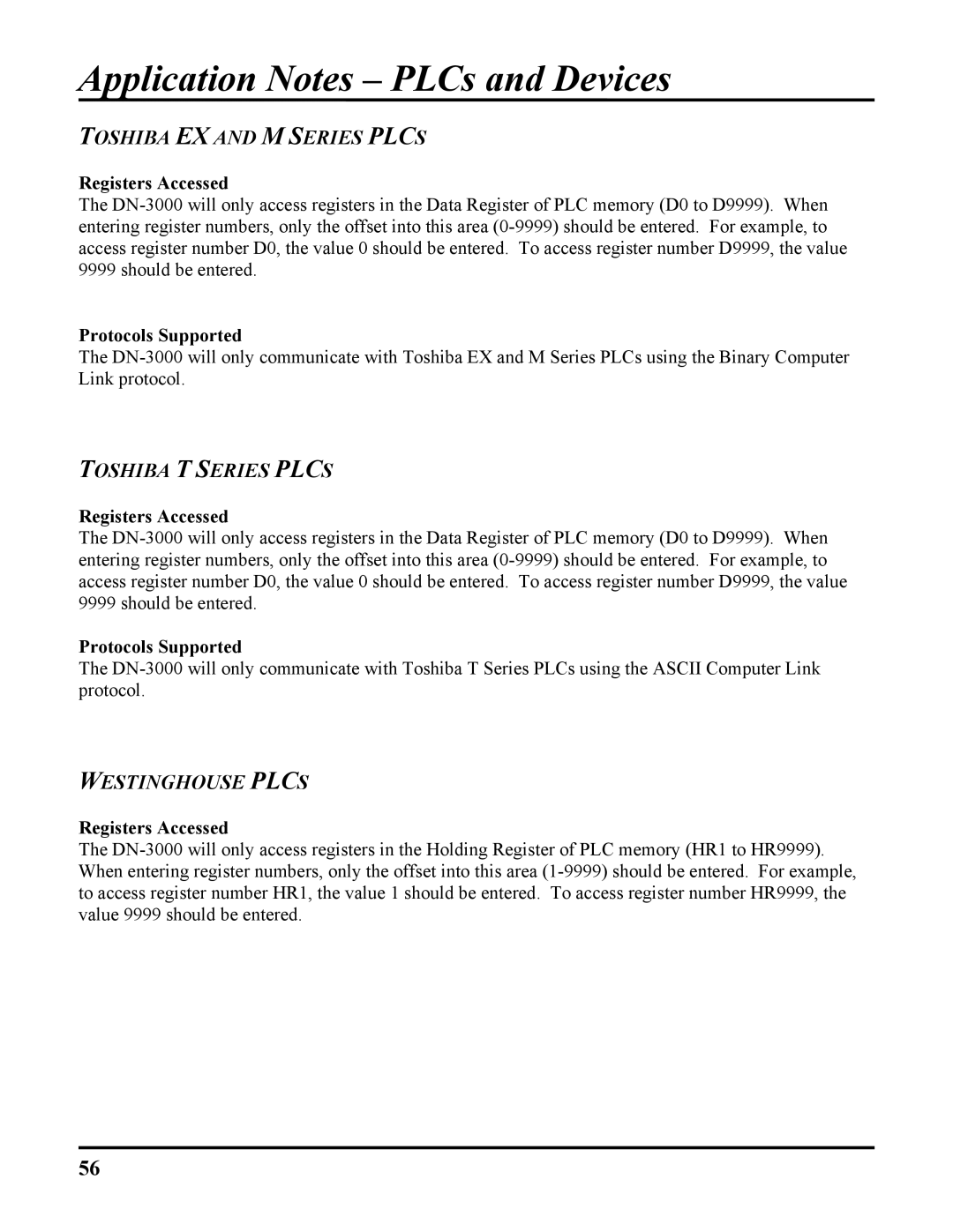 ICP DAS USA DN-3000, DB25, 100-700 PLCS user manual Toshiba EX and M Series Plcs, Toshiba T Series Plcs, Westinghouse Plcs 