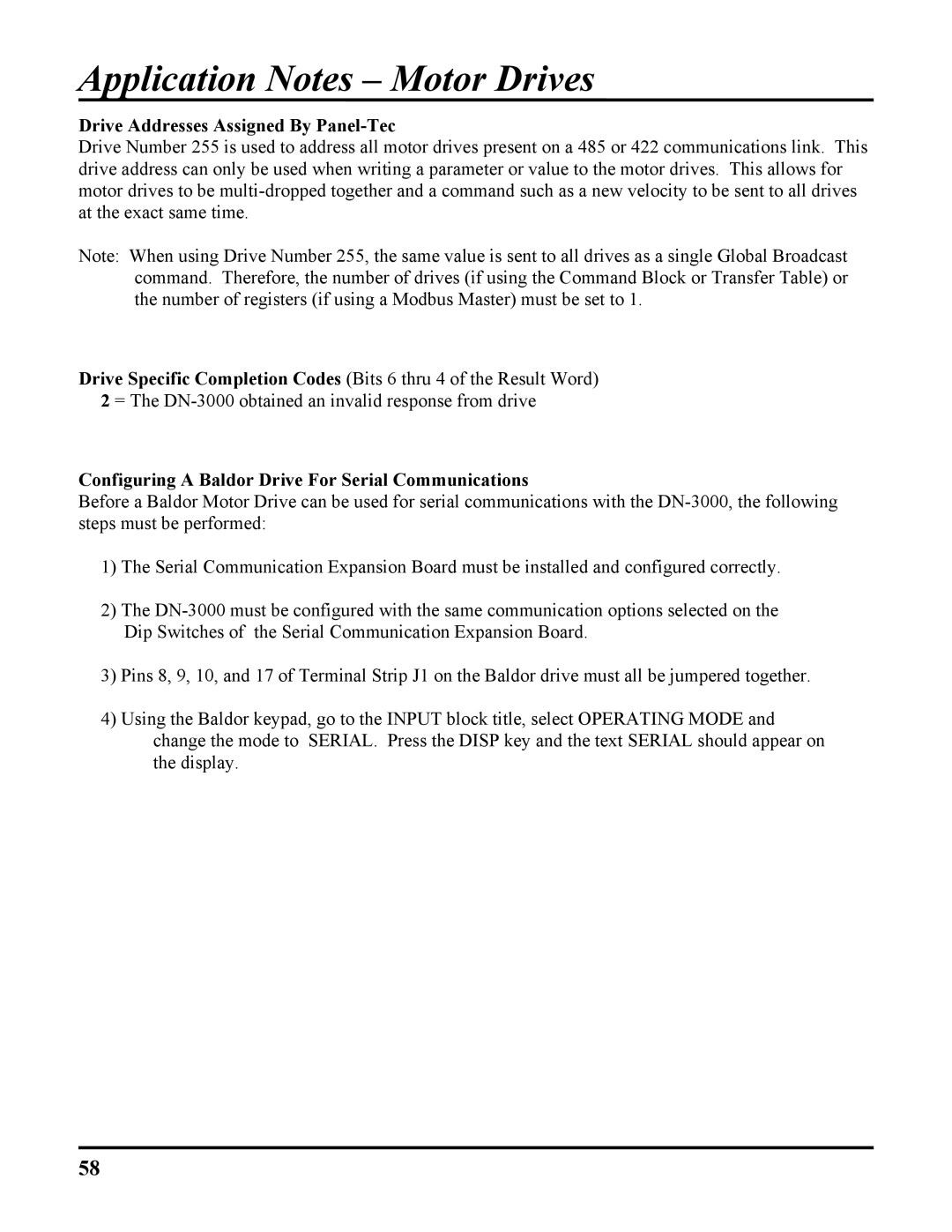 ICP DAS USA 100-700 PLCS, DB25 Drive Addresses Assigned By Panel-Tec, Configuring a Baldor Drive For Serial Communications 