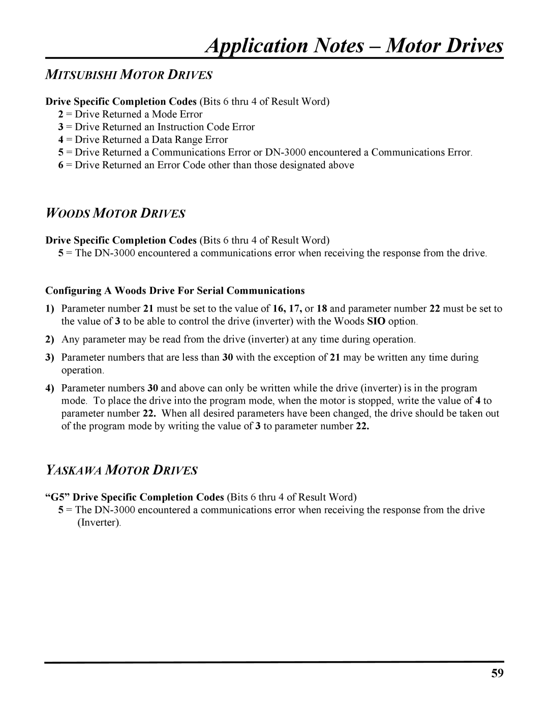 ICP DAS USA DN-3000, DB25, 100-700 PLCS user manual Mitsubishi Motor Drives, Woods Motor Drives, Yaskawa Motor Drives 