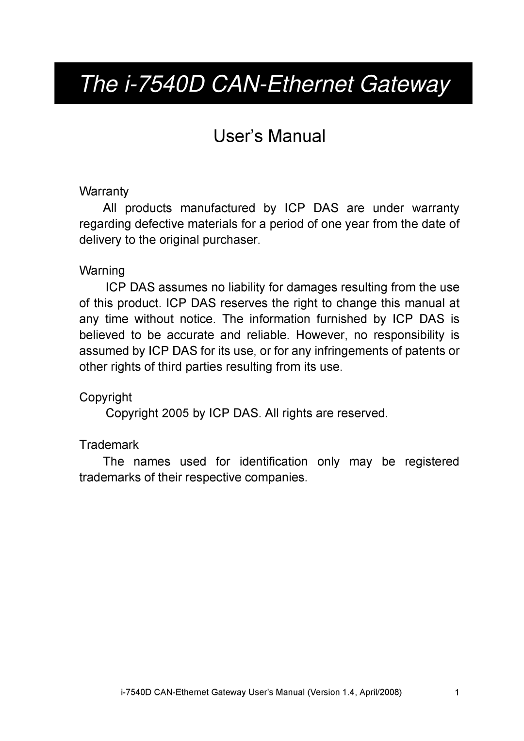 ICP DAS USA user manual I-7540D CAN-Ethernet Gateway 