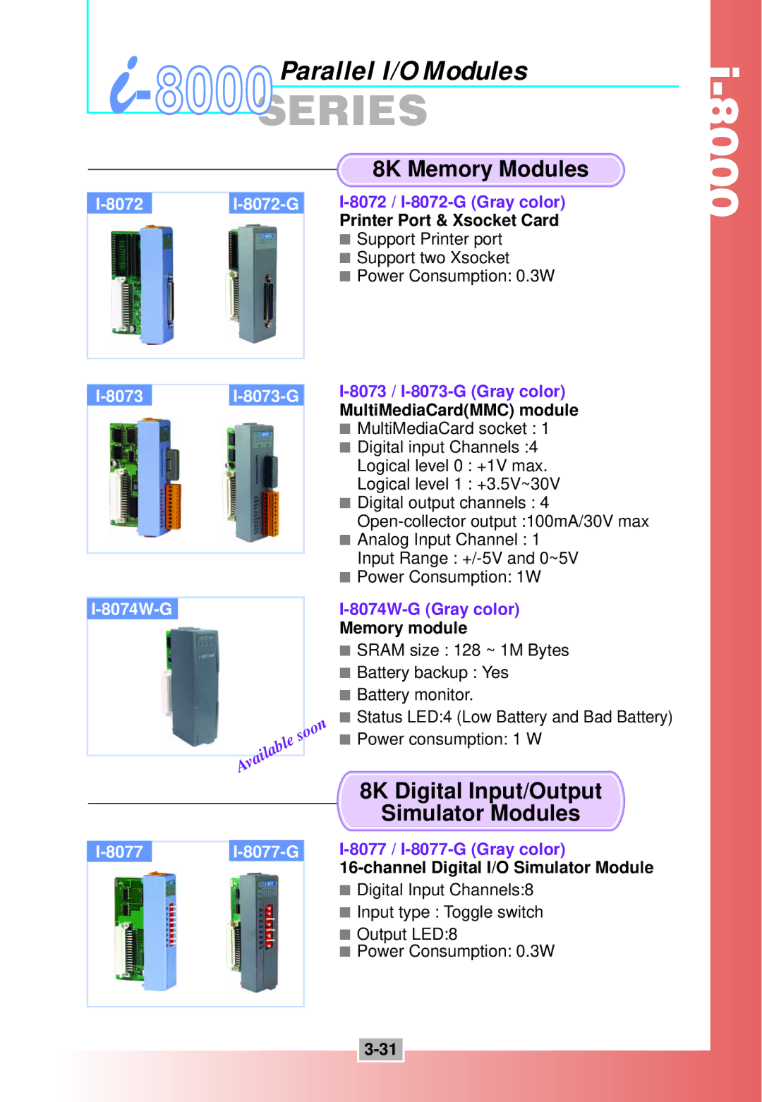 ICP DAS USA i-8000 Series manual 8K Memory Modules, 8K Digital Input/Output Simulator Modules, 8072 I-8072-G 