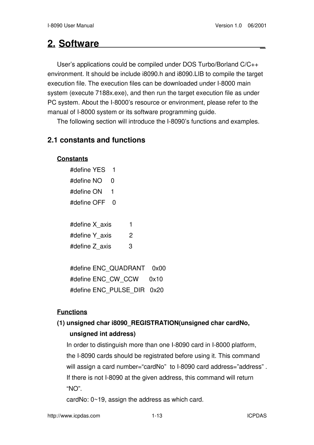 ICP DAS USA I-8090 3-axis encoder card, I-8091 2-axis stepping/servo user manual Constants and functions 