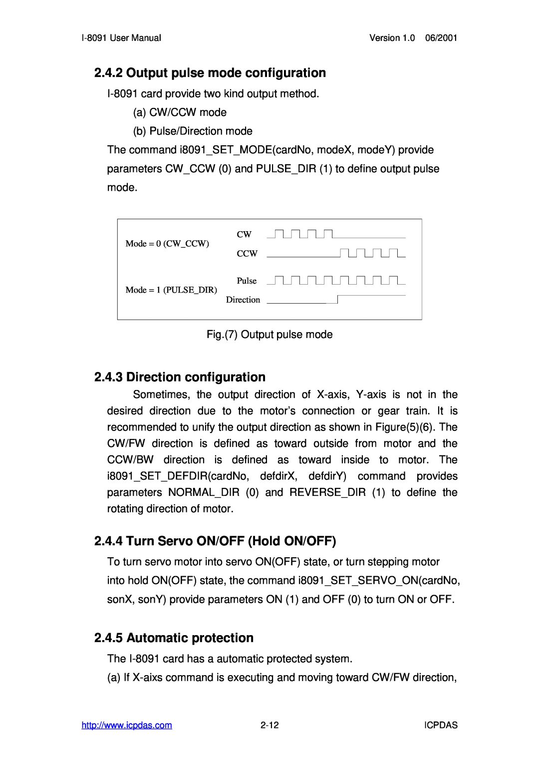 ICP DAS USA 3-axis encoder card, 2-axis stepping/servo user manual Output pulse mode configuration, Direction configuration 