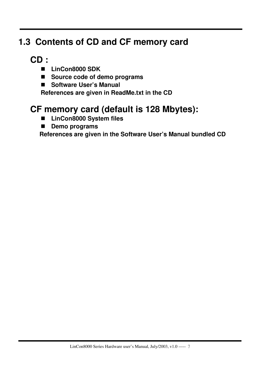 ICP DAS USA LinCon-8000 user manual Contents of CD and CF memory card, CF memory card default is 128 Mbytes 