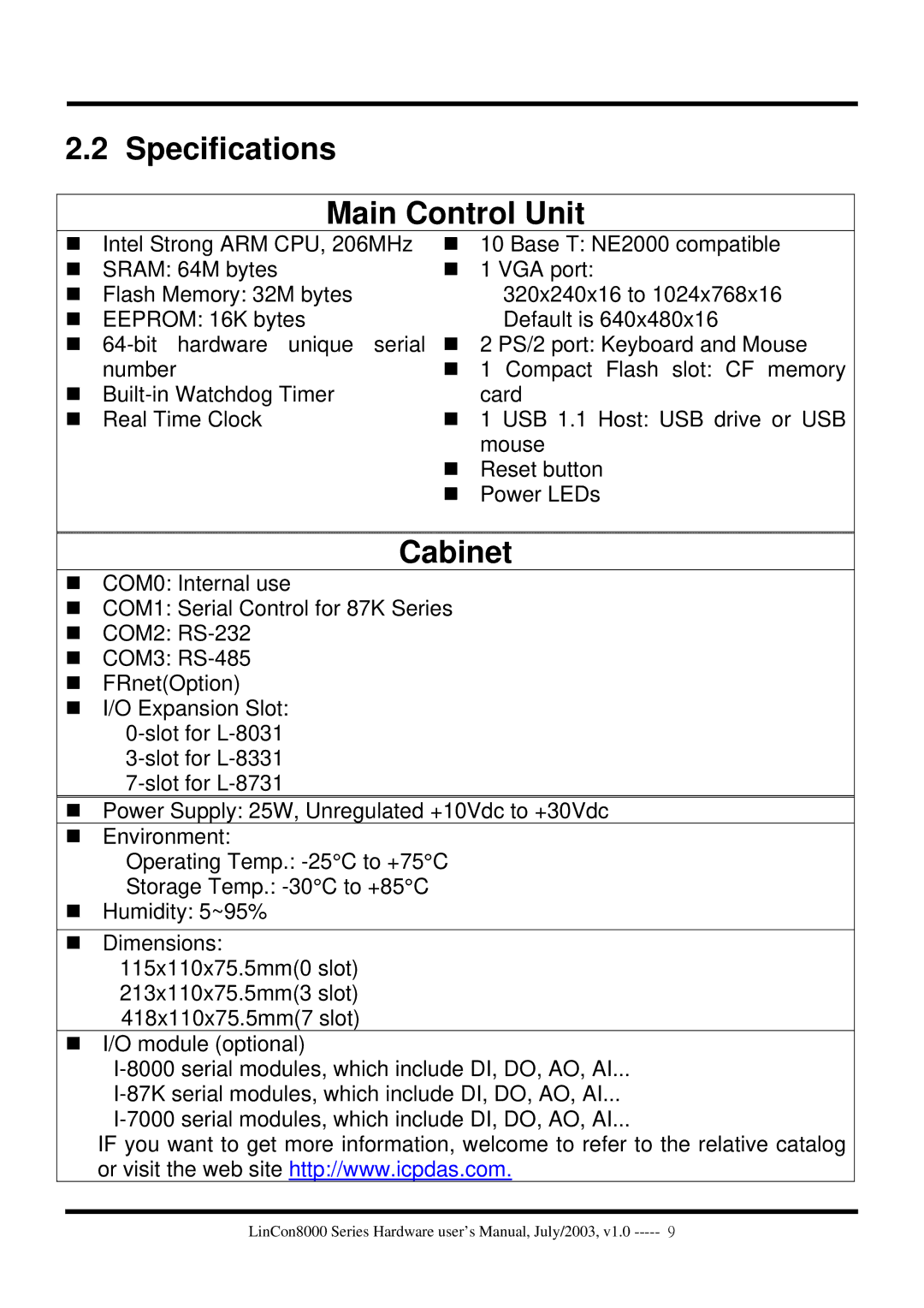 ICP DAS USA LinCon-8000 user manual Specifications Main Control Unit, Cabinet 