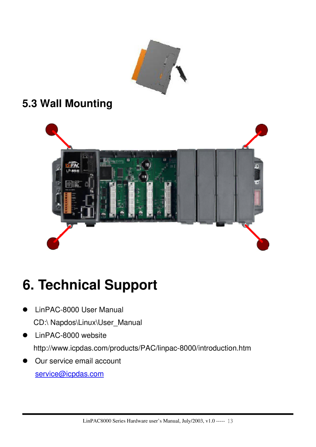 ICP DAS USA LinPAC-8x41 user manual Technical Support, Wall Mounting 