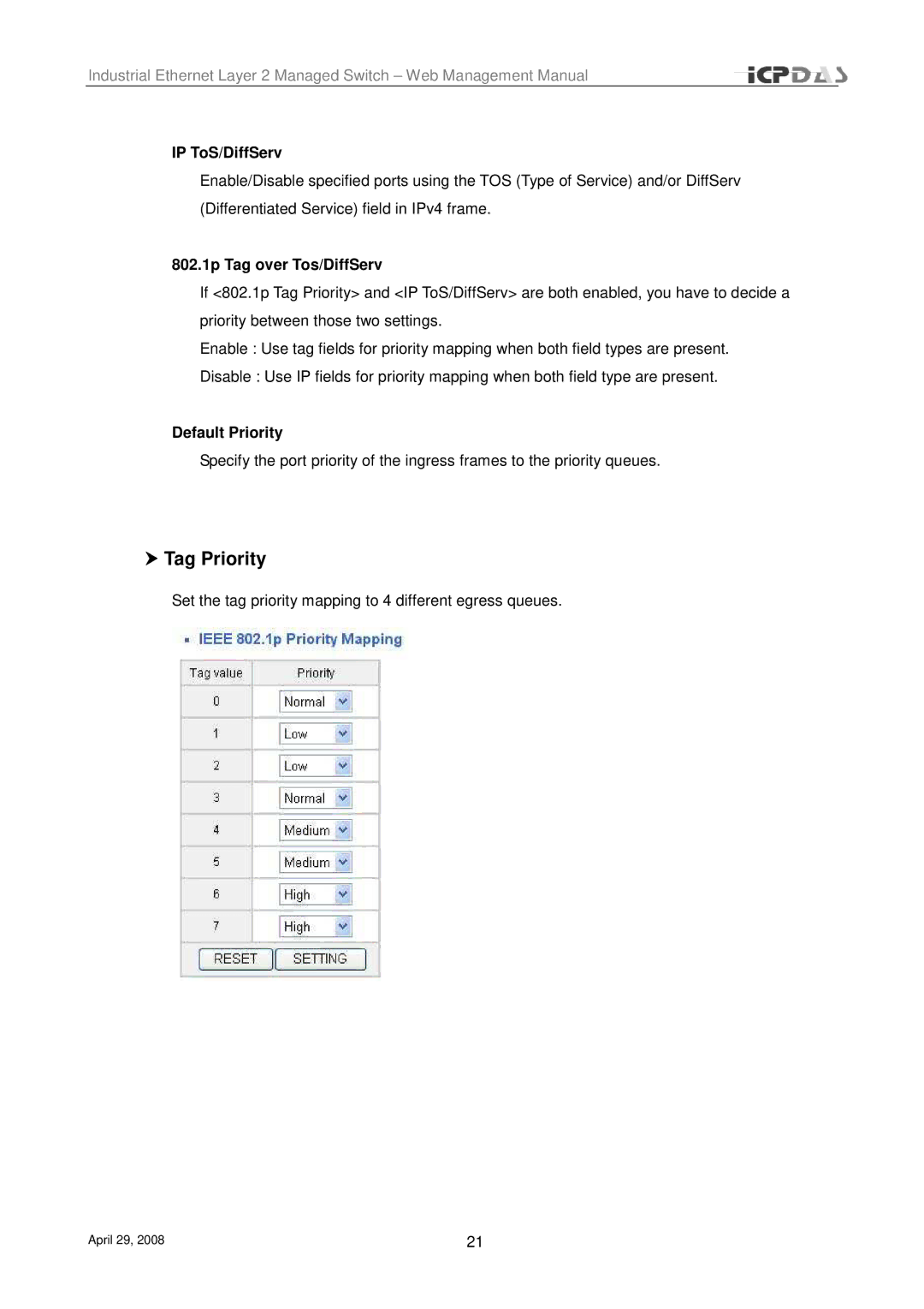 ICP DAS USA MSM-508FCS, MSM-508FT Tag Priority, IP ToS/DiffServ, 802.1p Tag over Tos/DiffServ, Default Priority 