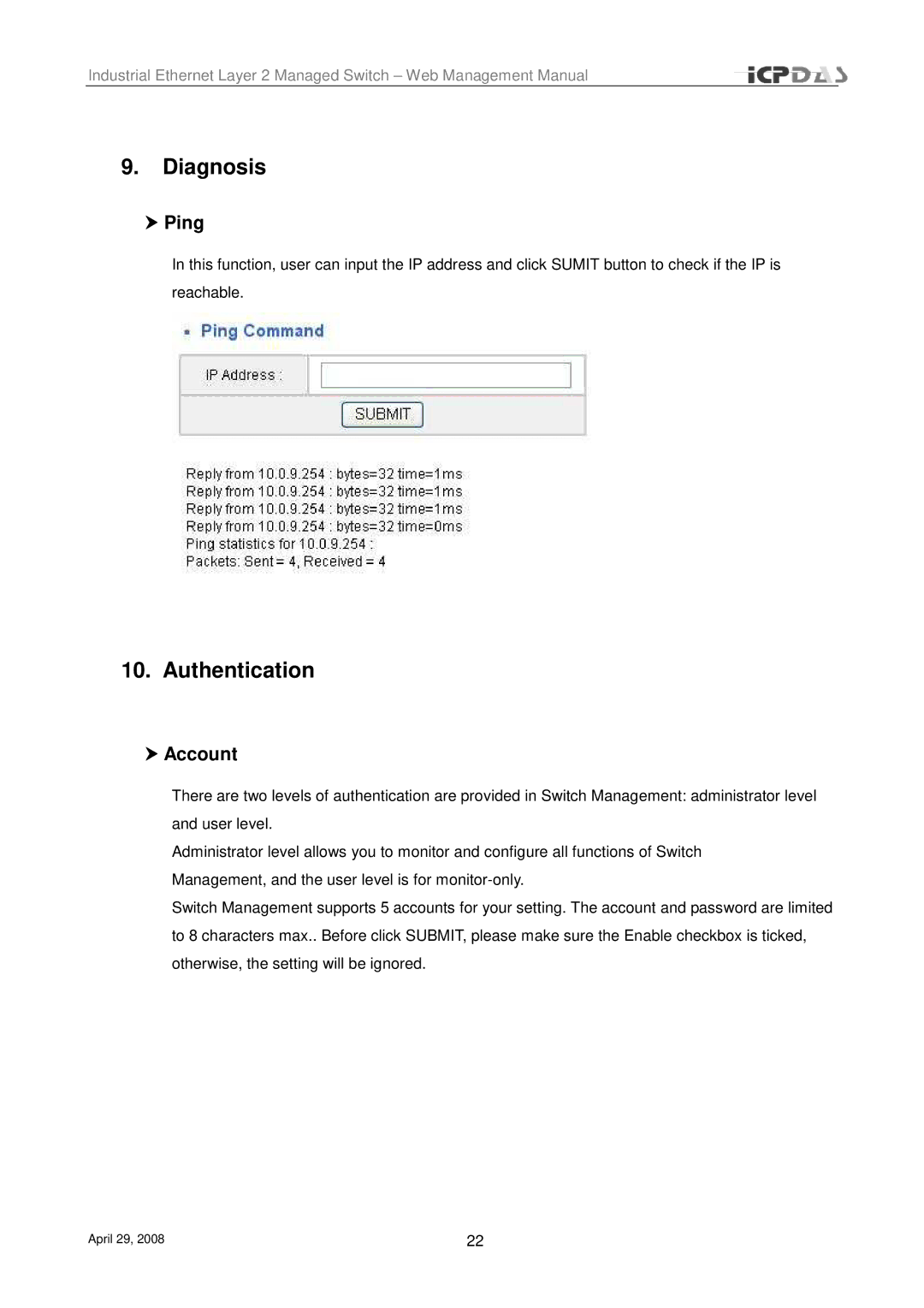 ICP DAS USA MSM-508FCS, MSM-508FT user manual Diagnosis, Authentication, Ping, Account 