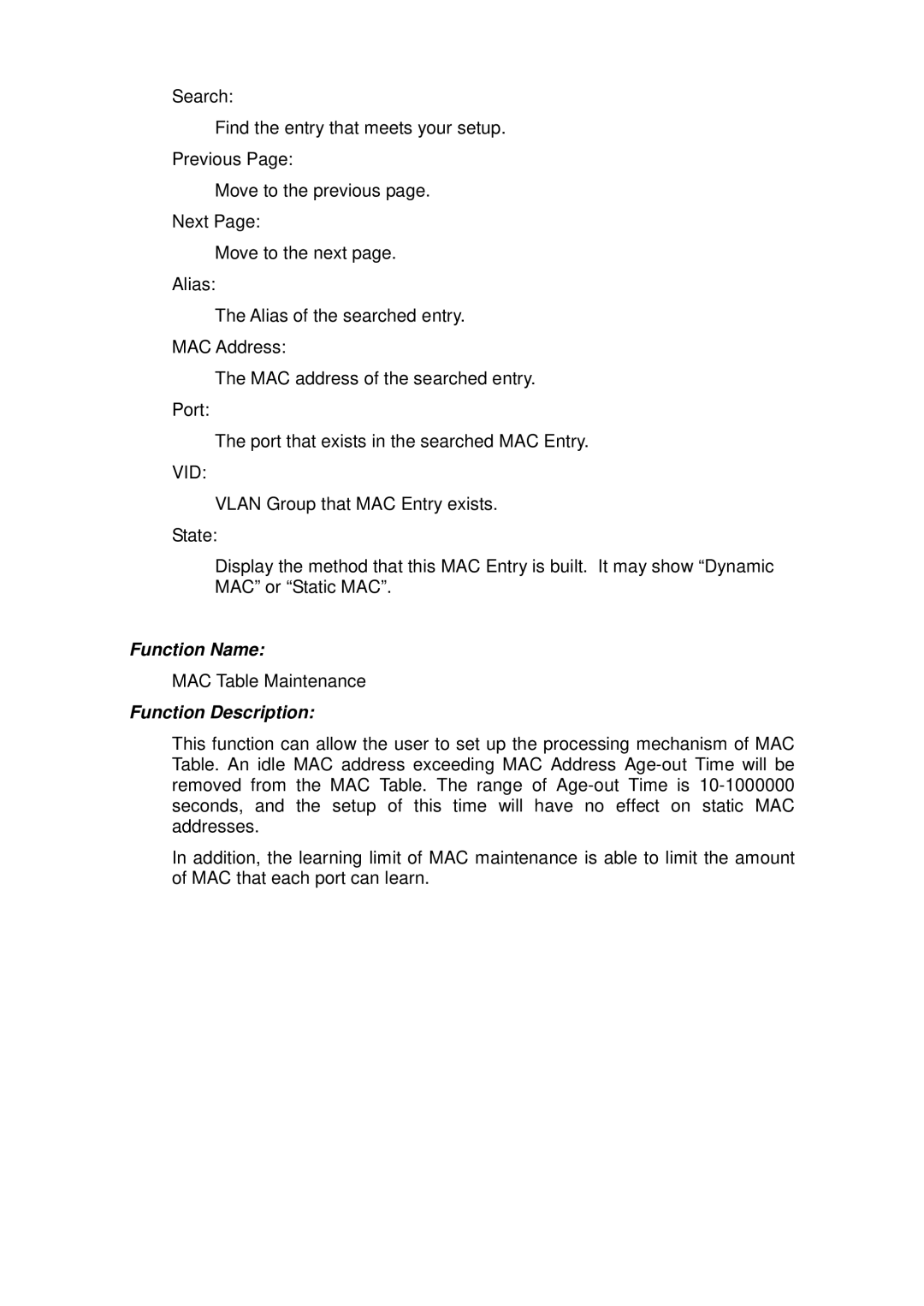 ICP DAS USA MSM-6226 user manual MAC Table Maintenance 