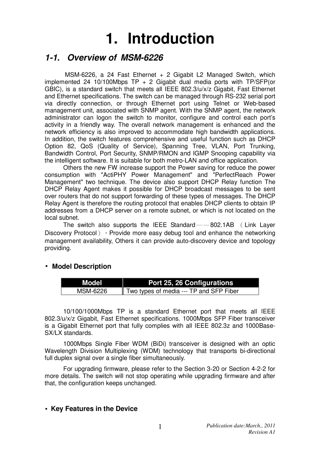 ICP DAS USA user manual Overview of MSM-6226, Model Description, Key Features in the Device 