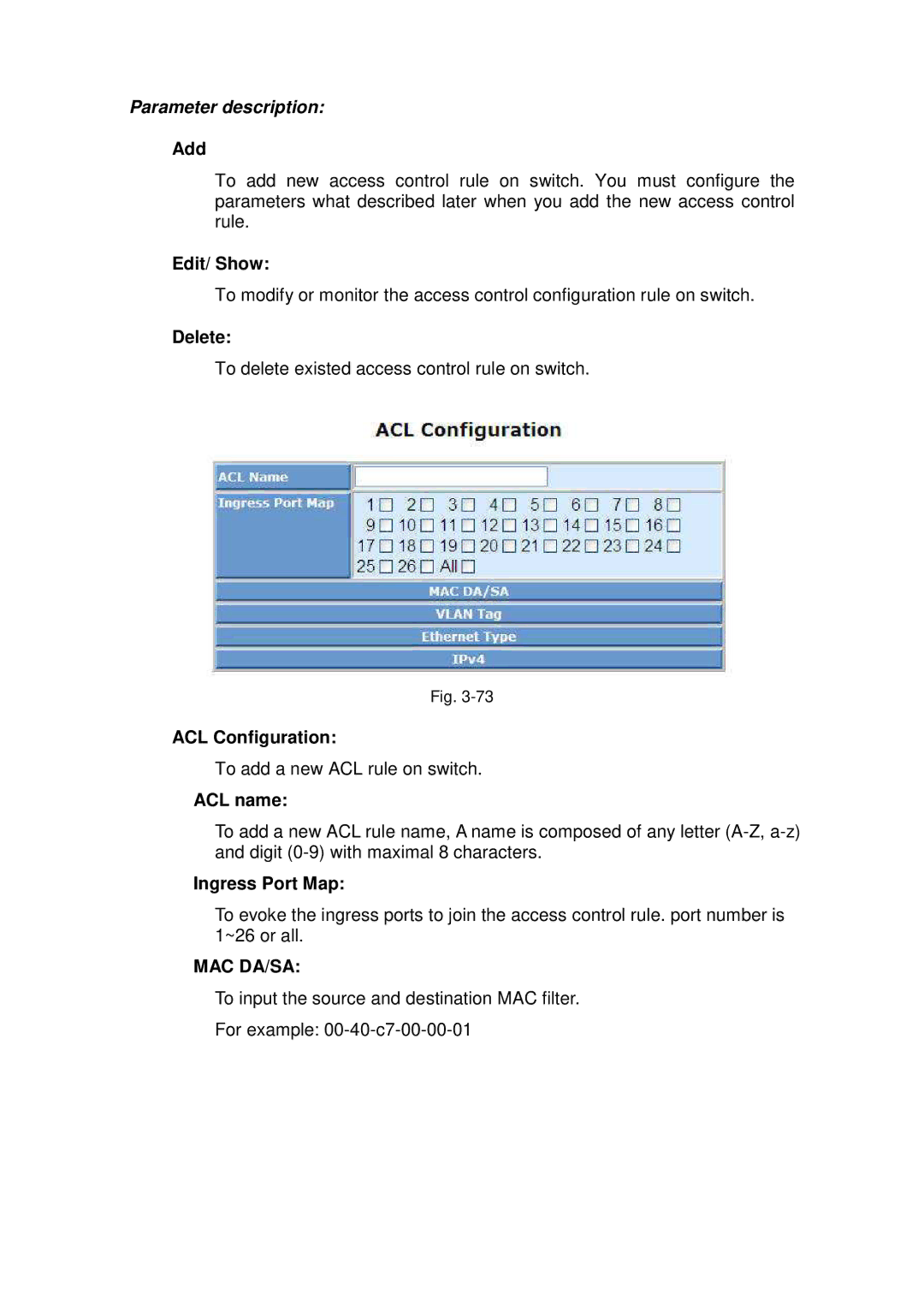 ICP DAS USA MSM-6226 user manual Edit/ Show, ACL Configuration, ACL name, Ingress Port Map 