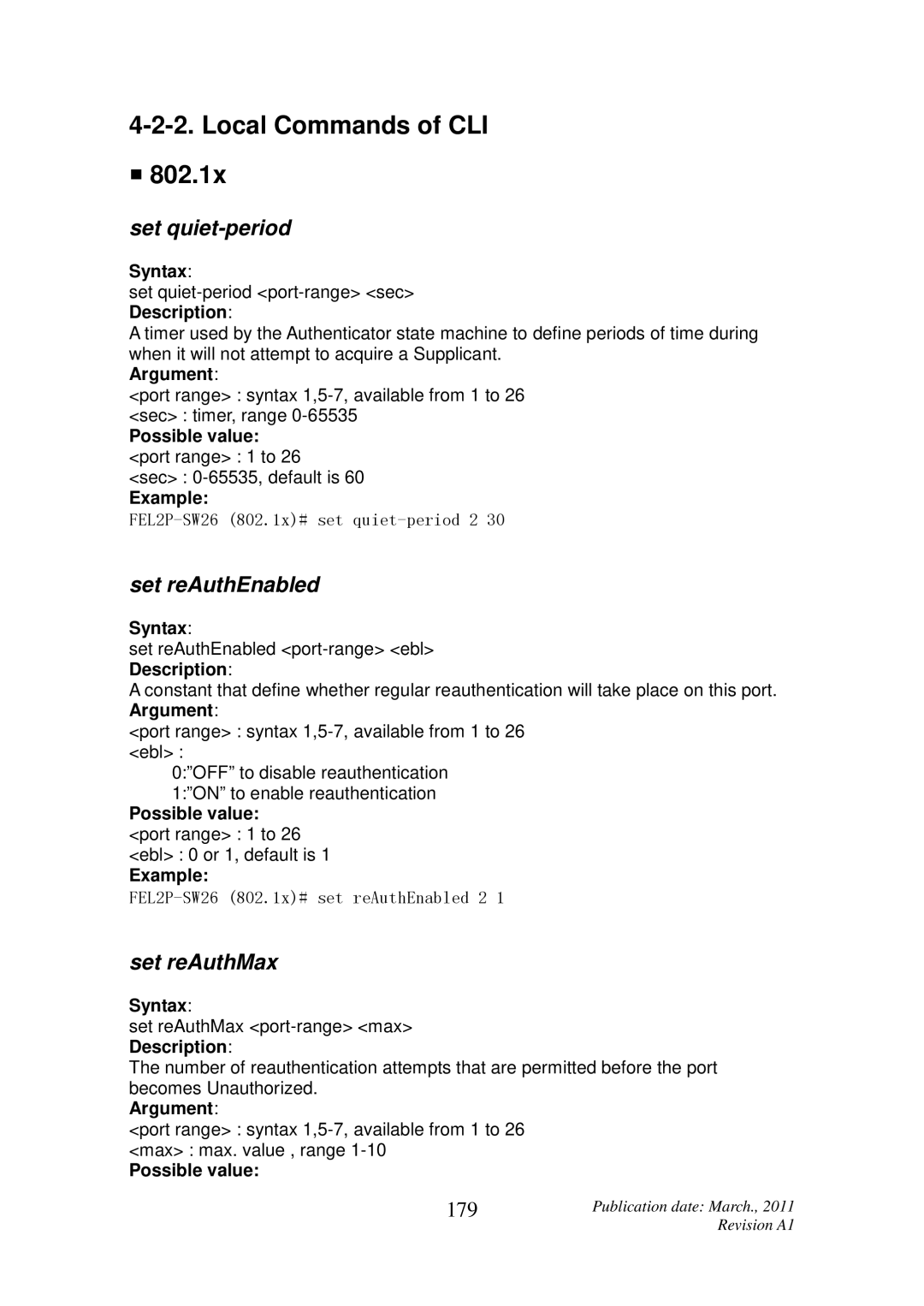 ICP DAS USA MSM-6226 user manual Set quiet-period, Set reAuthEnabled, Set reAuthMax, 179, Possible value port range 1 to 