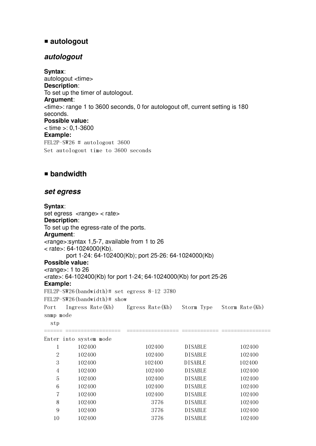 ICP DAS USA MSM-6226 user manual Autologout, Set egress, Syntax autologout time Description 