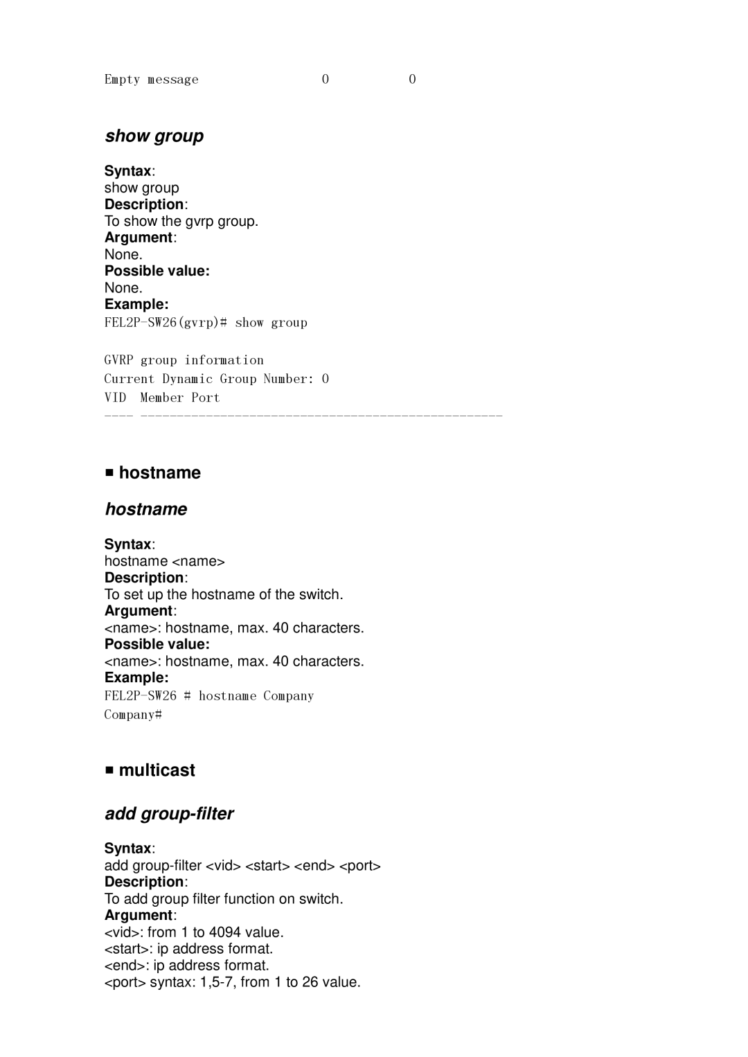 ICP DAS USA MSM-6226 user manual Show group, Hostname, Add group-filter, Syntax show group Description 