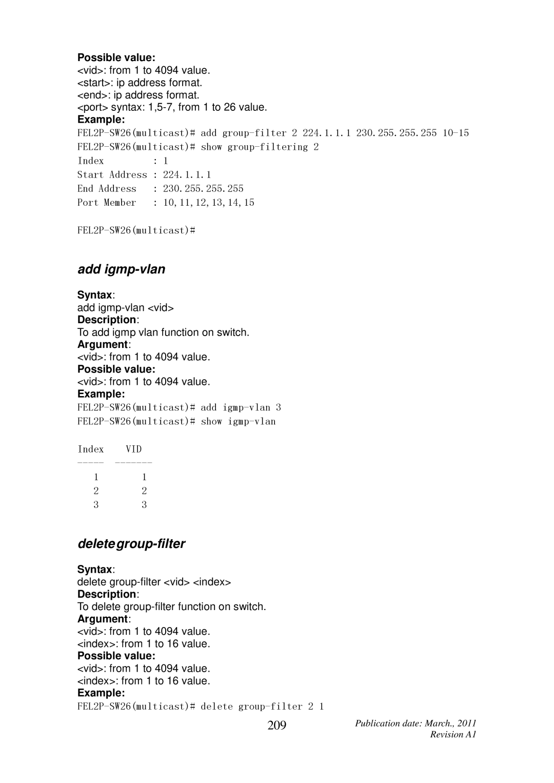 ICP DAS USA MSM-6226 user manual Add igmp-vlan, Delete group-filter, 209 