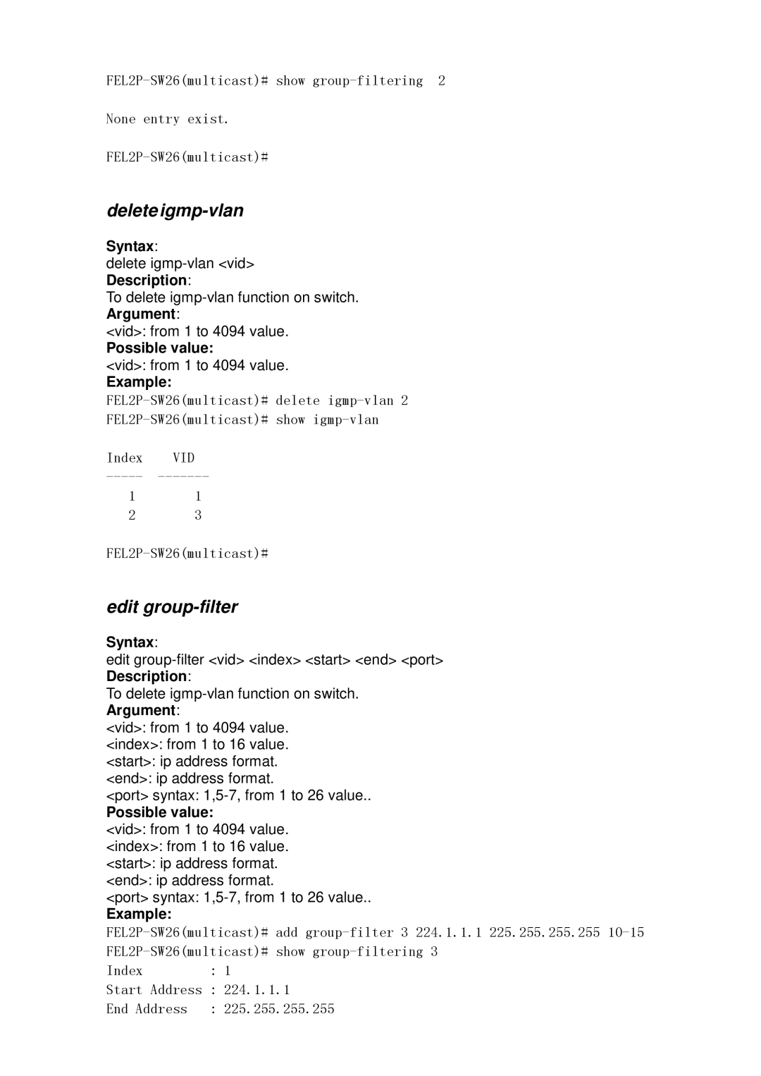 ICP DAS USA MSM-6226 user manual Delete igmp-vlan, Edit group-filter 