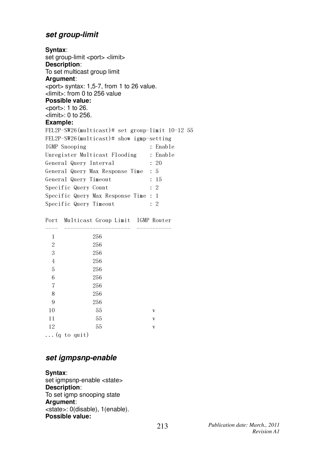 ICP DAS USA MSM-6226 user manual Set group-limit, Set igmpsnp-enable, 213, Possible value port 1 to 26. limit 0 to Example 