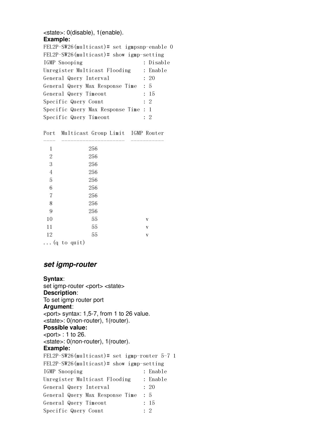 ICP DAS USA MSM-6226 user manual Set igmp-router, Possible value port 1 to 