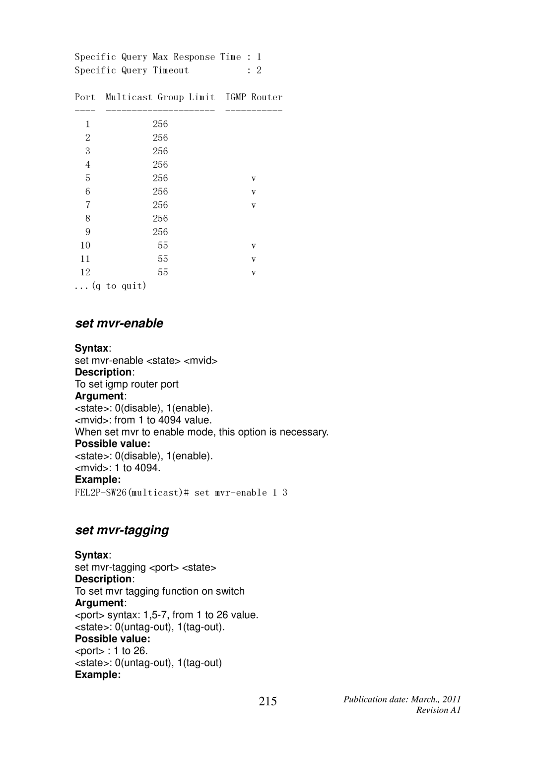 ICP DAS USA MSM-6226 user manual Set mvr-enable, Set mvr-tagging, 215 