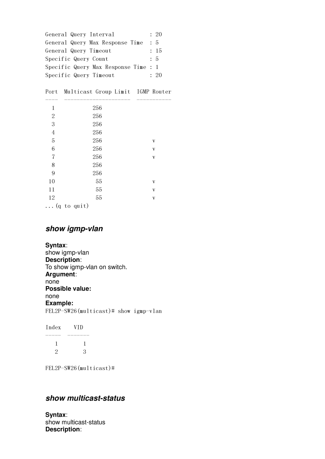 ICP DAS USA MSM-6226 user manual Show igmp-vlan, Show multicast-status 