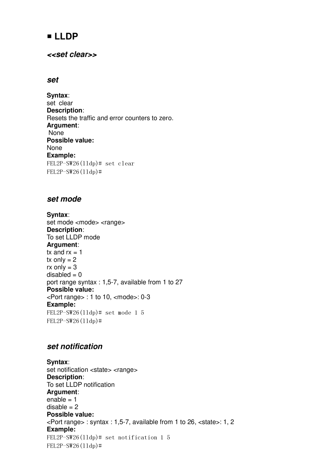 ICP DAS USA MSM-6226 user manual Set clear, Set mode, Set notification, Syntax set clear Description 