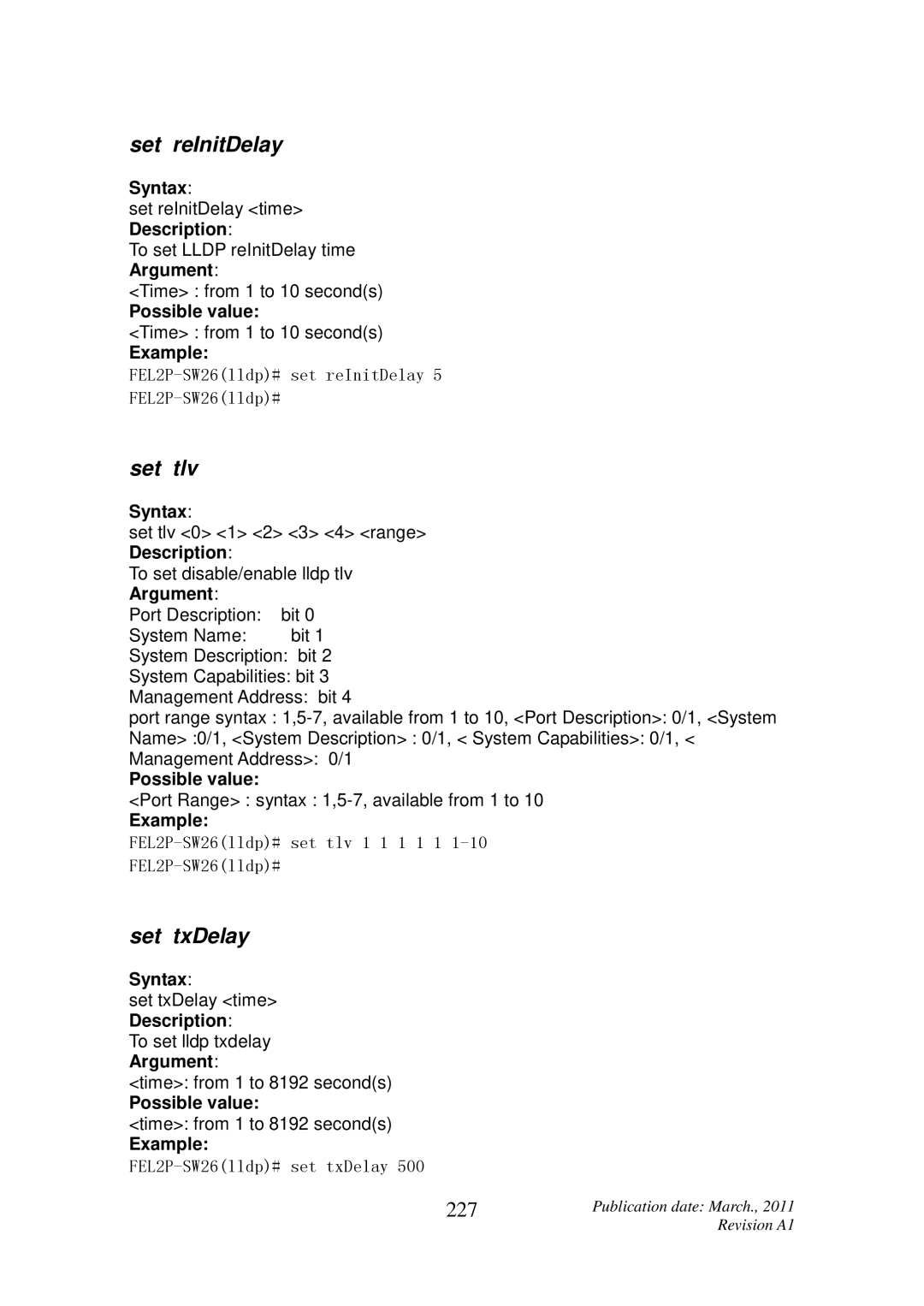 ICP DAS USA MSM-6226 user manual Set reInitDelay, Set tlv, Set txDelay, 227 