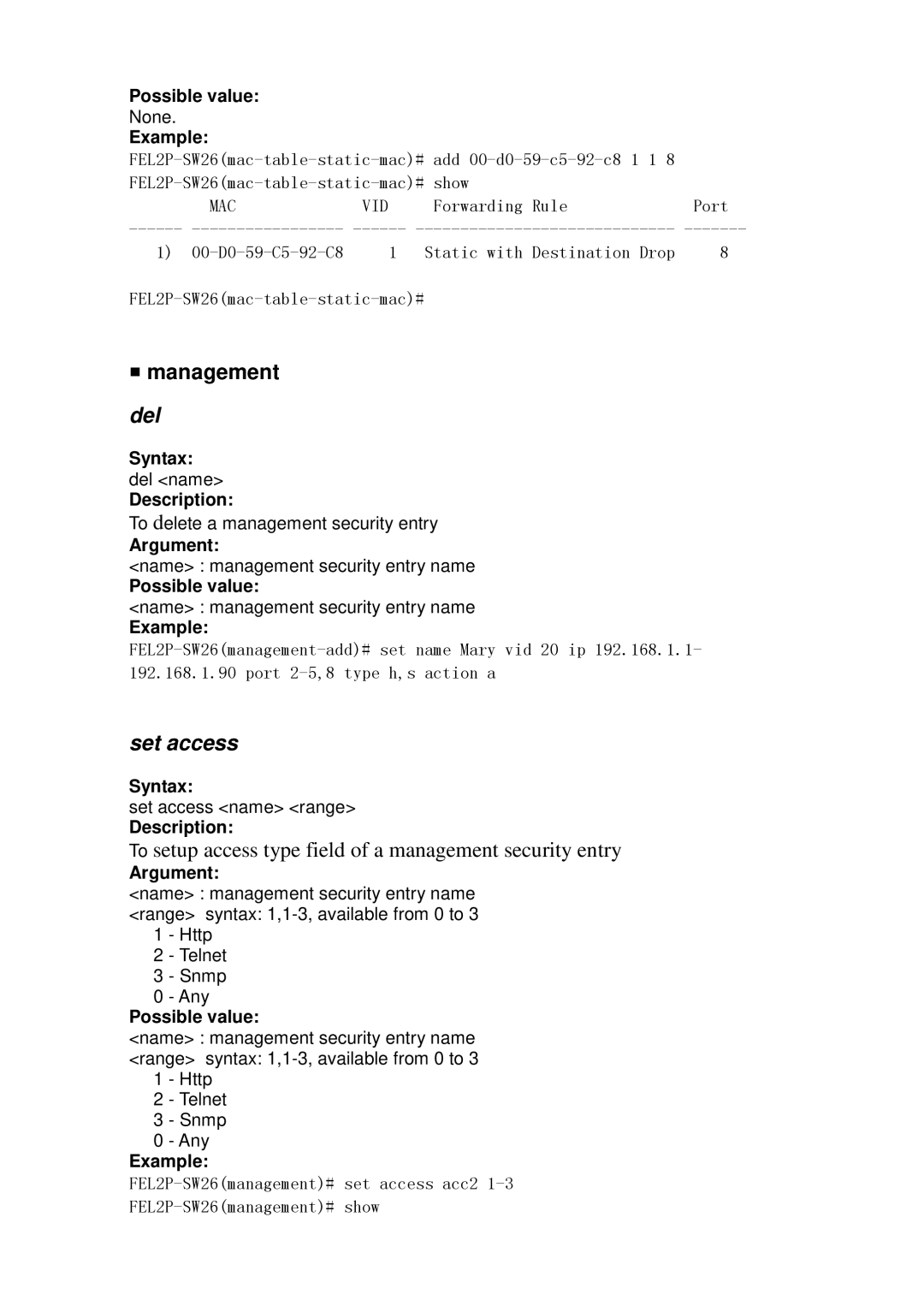 ICP DAS USA MSM-6226 user manual Set access, To setup access type field of a management security entry 