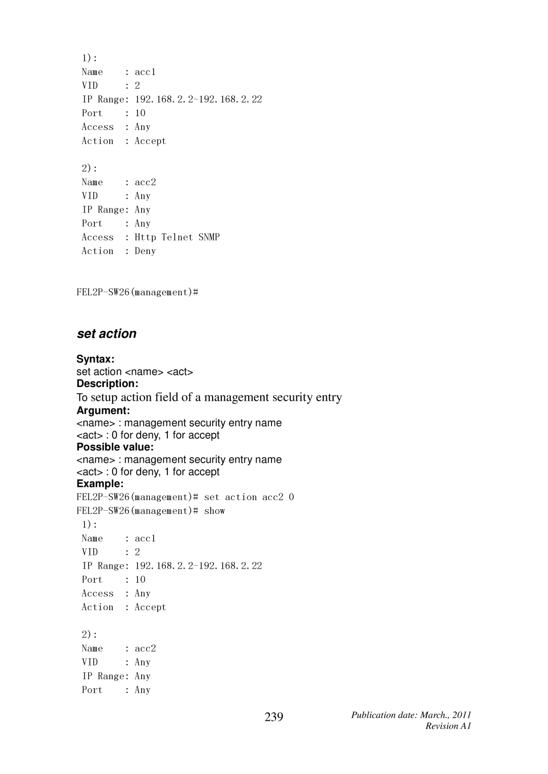 ICP DAS USA MSM-6226 user manual Set action, To setup action field of a management security entry, 239 