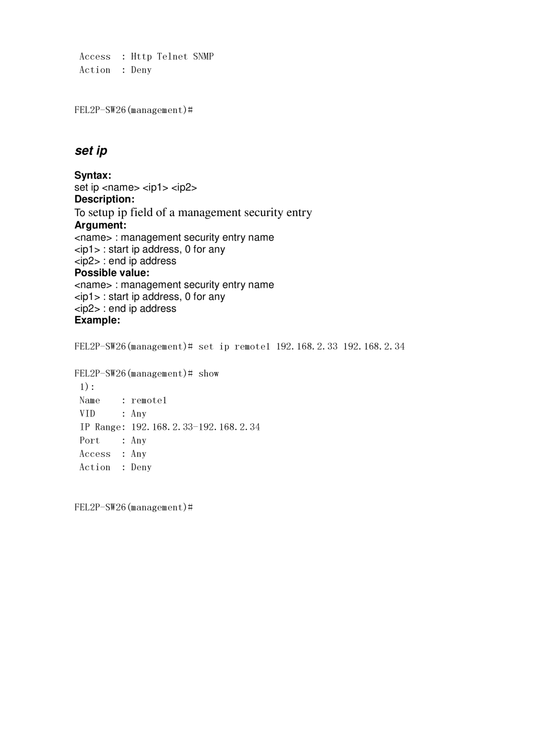 ICP DAS USA MSM-6226 user manual Set ip, To setup ip field of a management security entry 