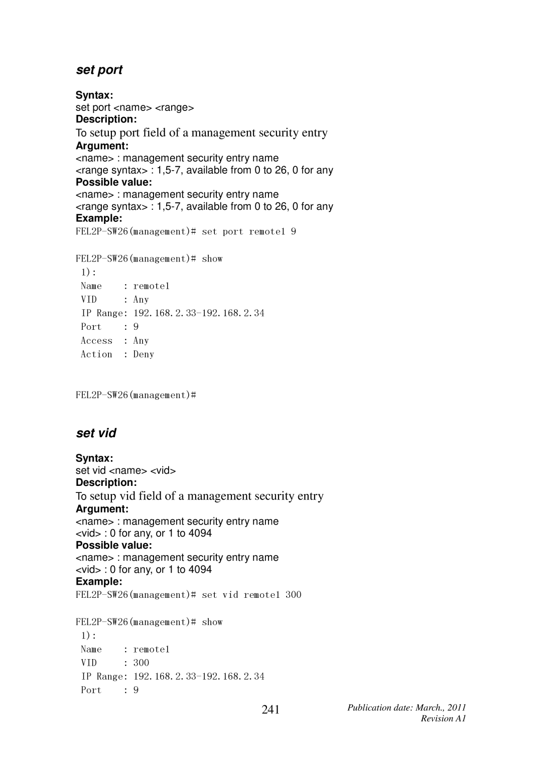 ICP DAS USA MSM-6226 user manual Set port, To setup port field of a management security entry, Set vid, 241 