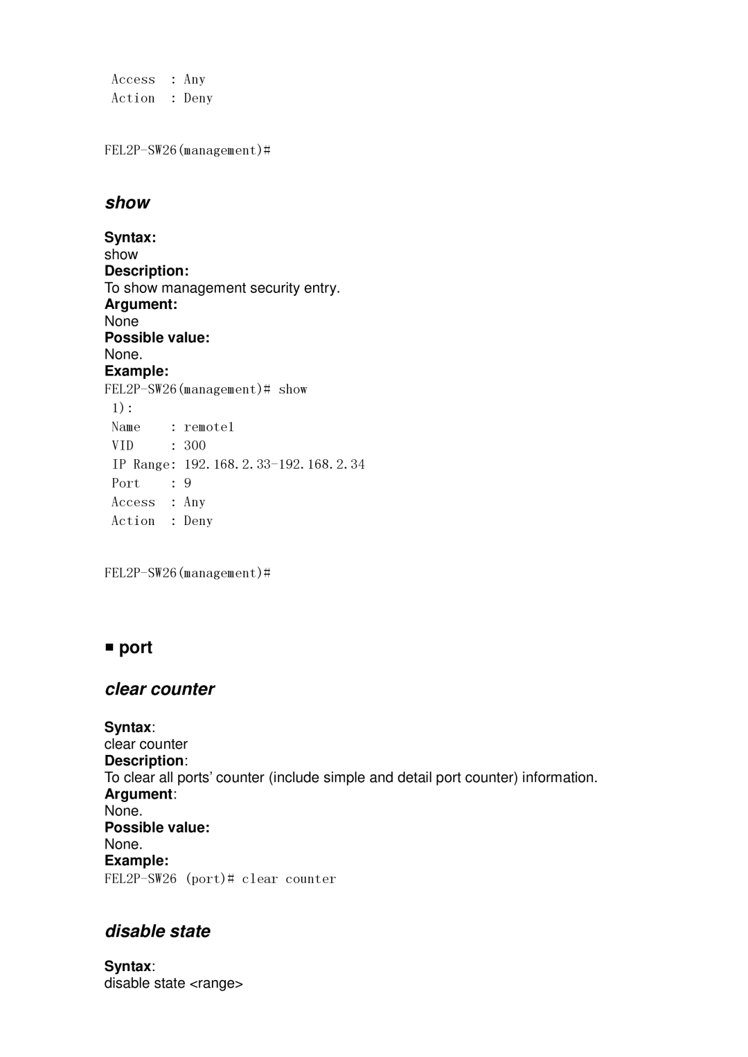 ICP DAS USA MSM-6226 Clear counter, Disable state, Example FEL2P-SW26management# show, Syntax clear counter Description 