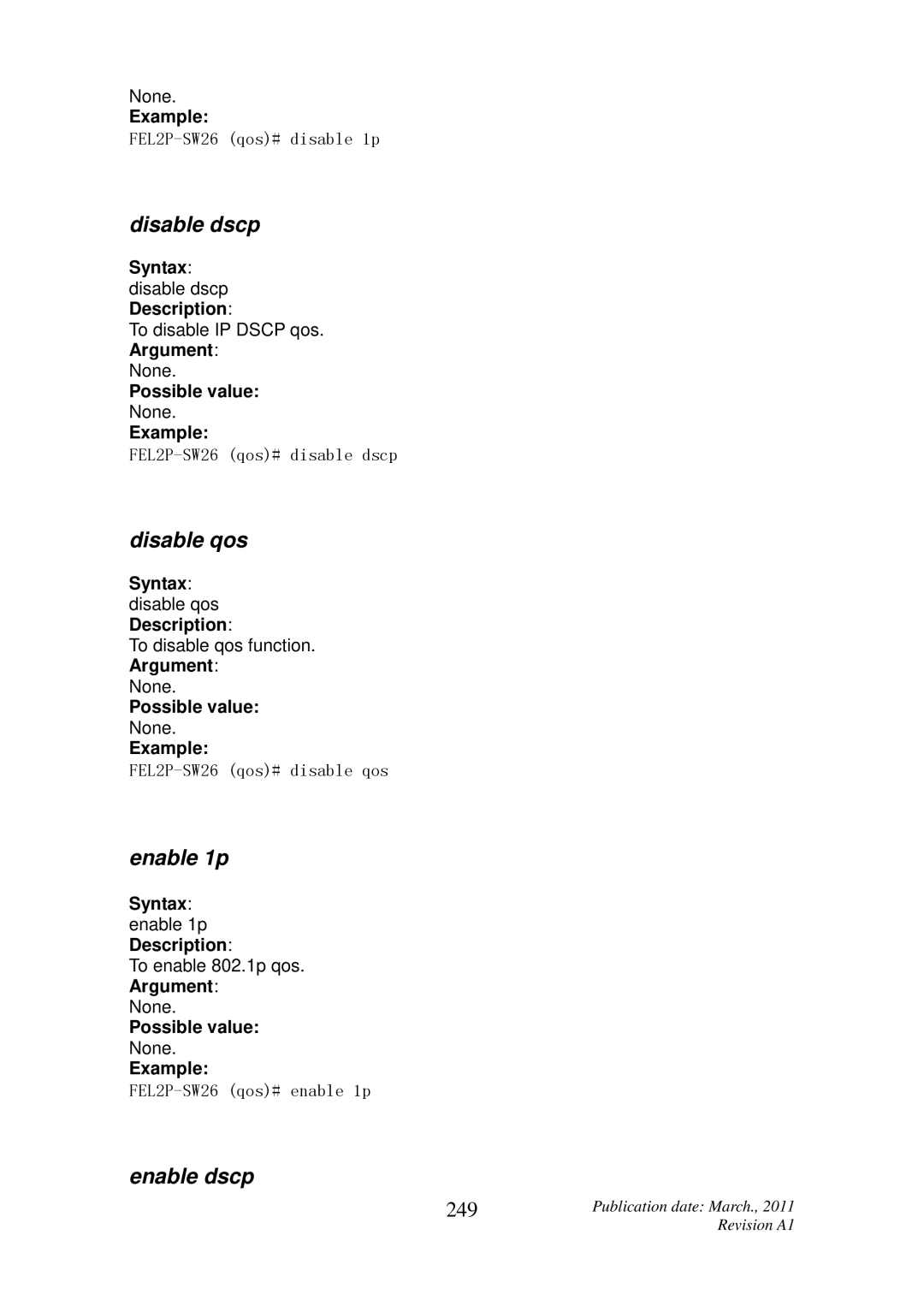 ICP DAS USA MSM-6226 user manual Disable dscp, Disable qos, Enable 1p, Enable dscp, 249 