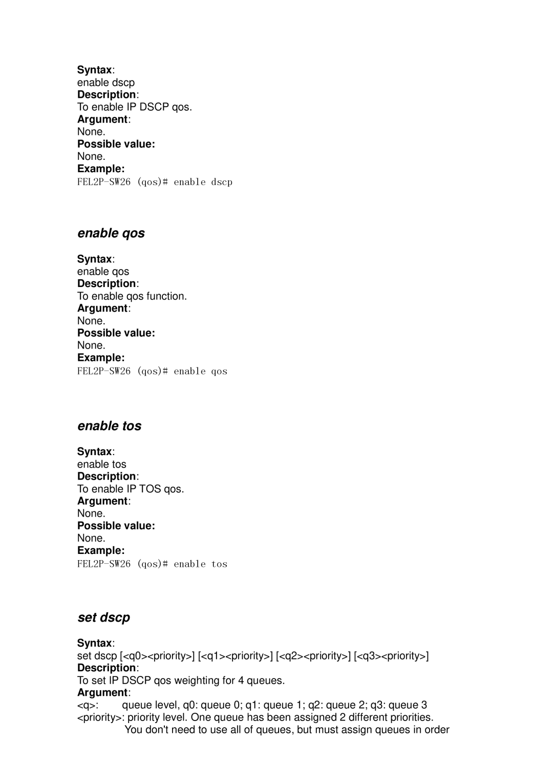 ICP DAS USA MSM-6226 user manual Enable qos, Enable tos, Set dscp 