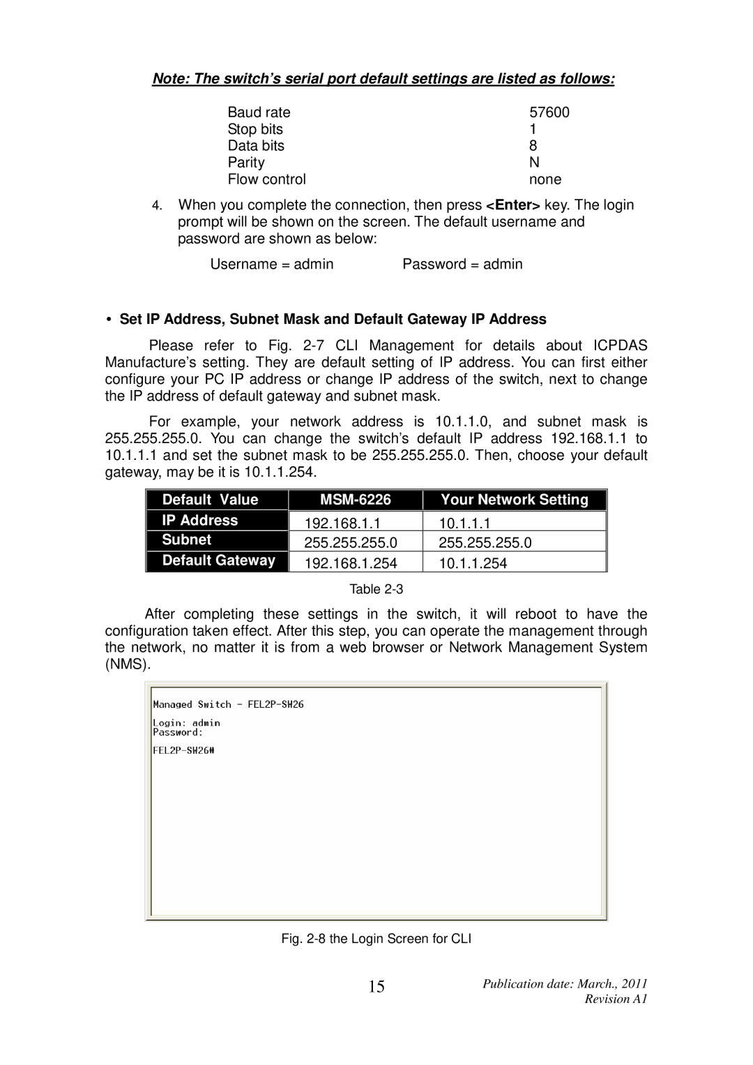 ICP DAS USA MSM-6226 user manual Set IP Address, Subnet Mask and Default Gateway IP Address, Login Screen for CLI 