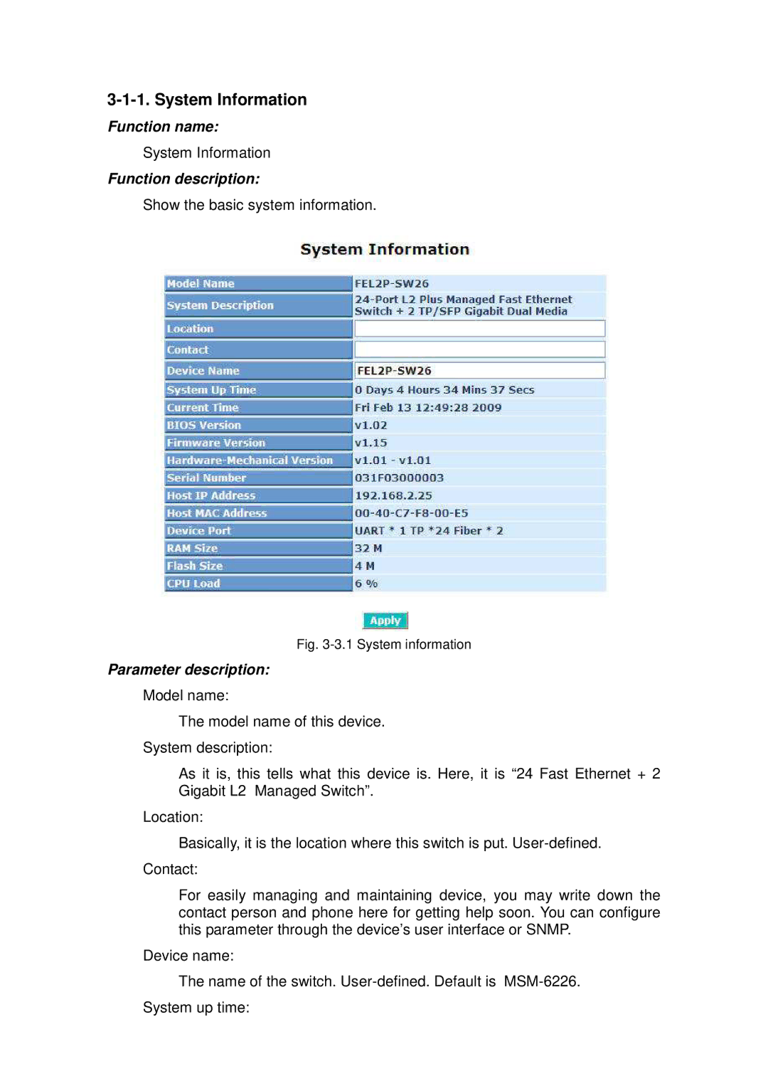 ICP DAS USA MSM-6226 user manual System Information, Parameter description 