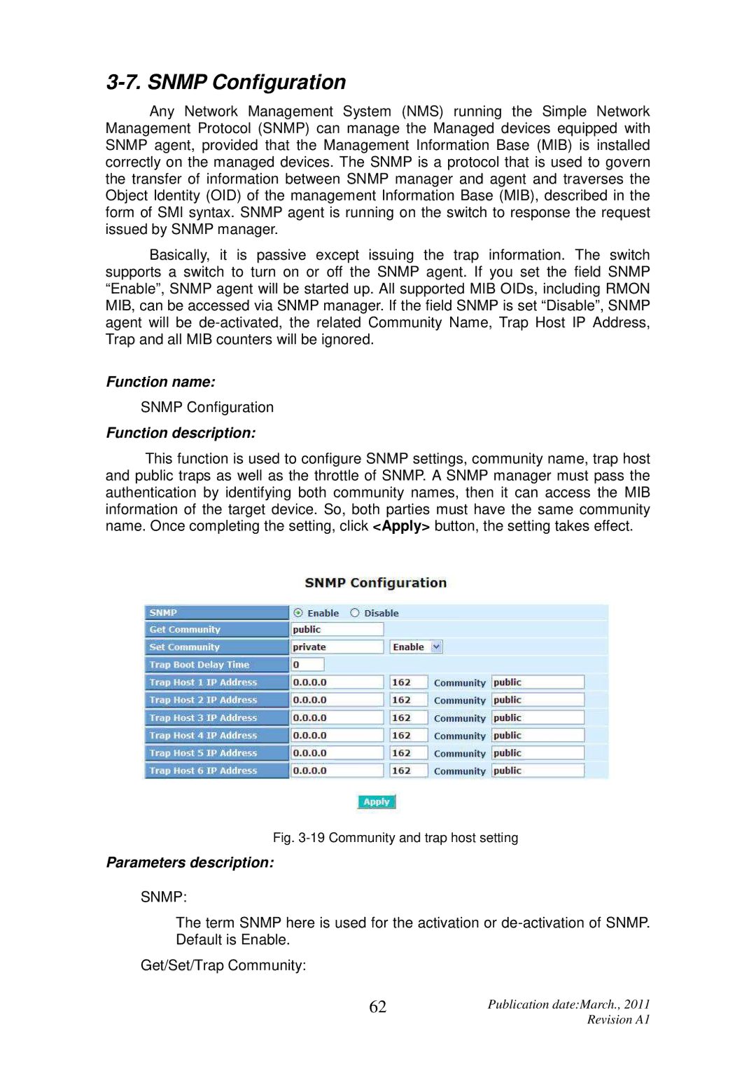 ICP DAS USA MSM-6226 user manual Snmp Configuration, Community and trap host setting 