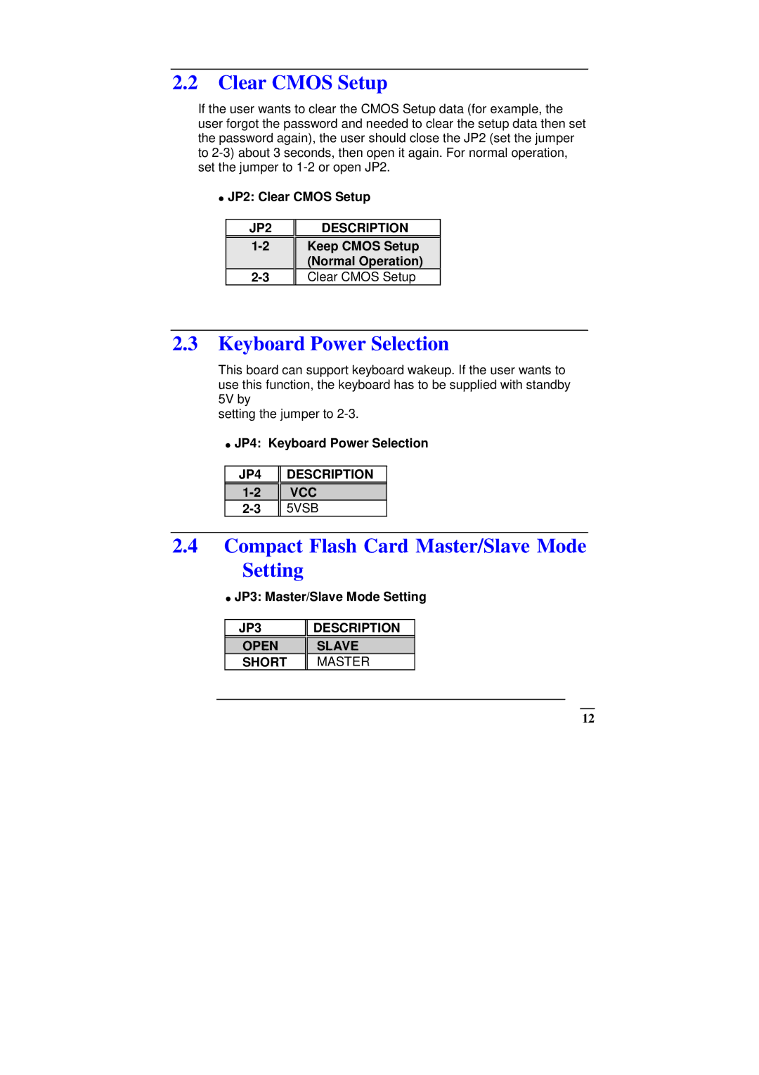 ICP DAS USA SAGP-845EV manual Clear Cmos Setup, Keyboard Power Selection, Compact Flash Card Master/Slave Mode Setting 