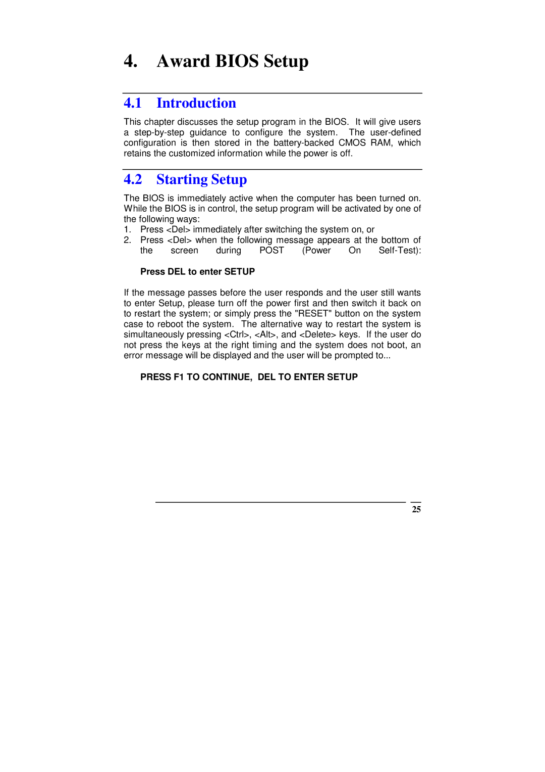 ICP DAS USA SAGP-845EV manual Award Bios Setup, Introduction, Starting Setup, Press DEL to enter Setup 