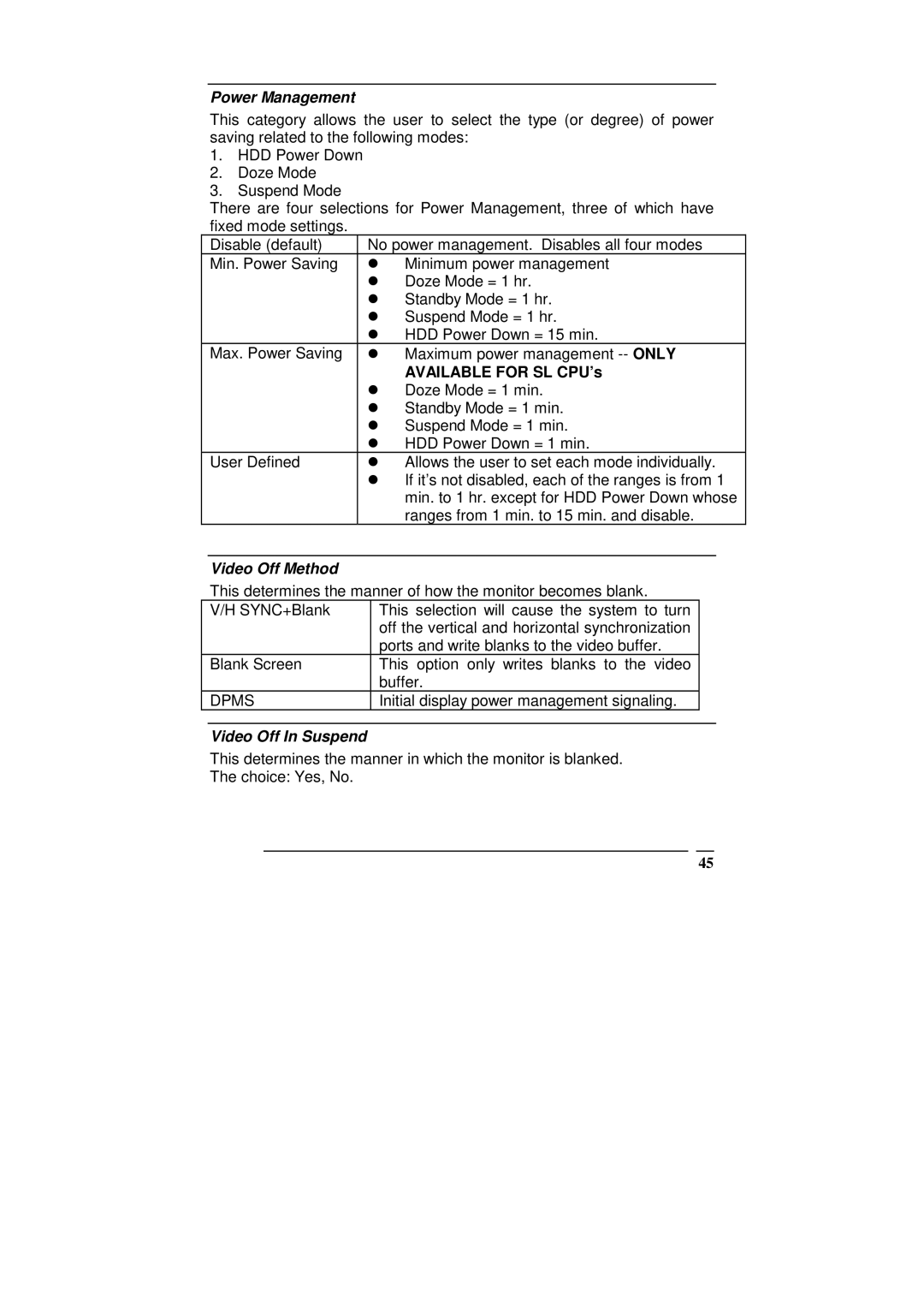 ICP DAS USA SAGP-845EV manual Power Management, Available for SL CPU’s, Video Off Method, Video Off In Suspend 