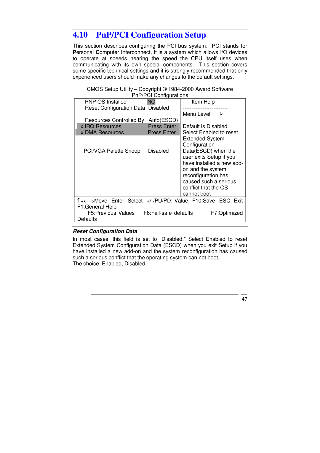 ICP DAS USA SAGP-845EV manual 10 PnP/PCI Configuration Setup, Reset Configuration Data 