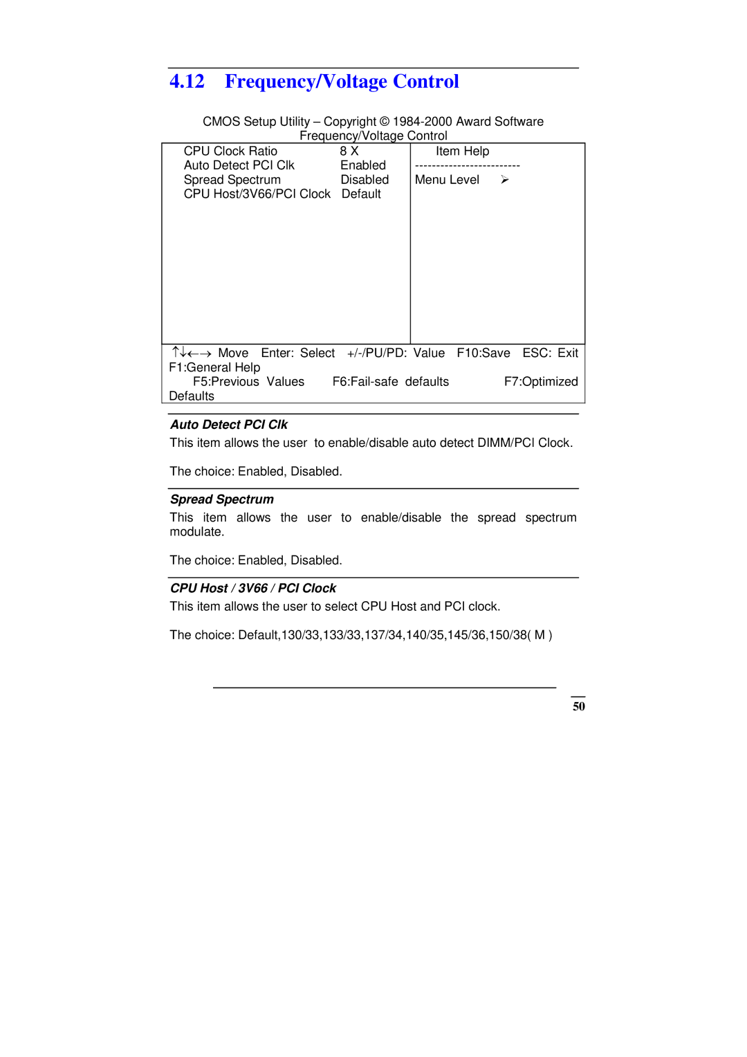 ICP DAS USA SAGP-845EV manual Frequency/Voltage Control, Auto Detect PCI Clk, Spread Spectrum, CPU Host / 3V66 / PCI Clock 