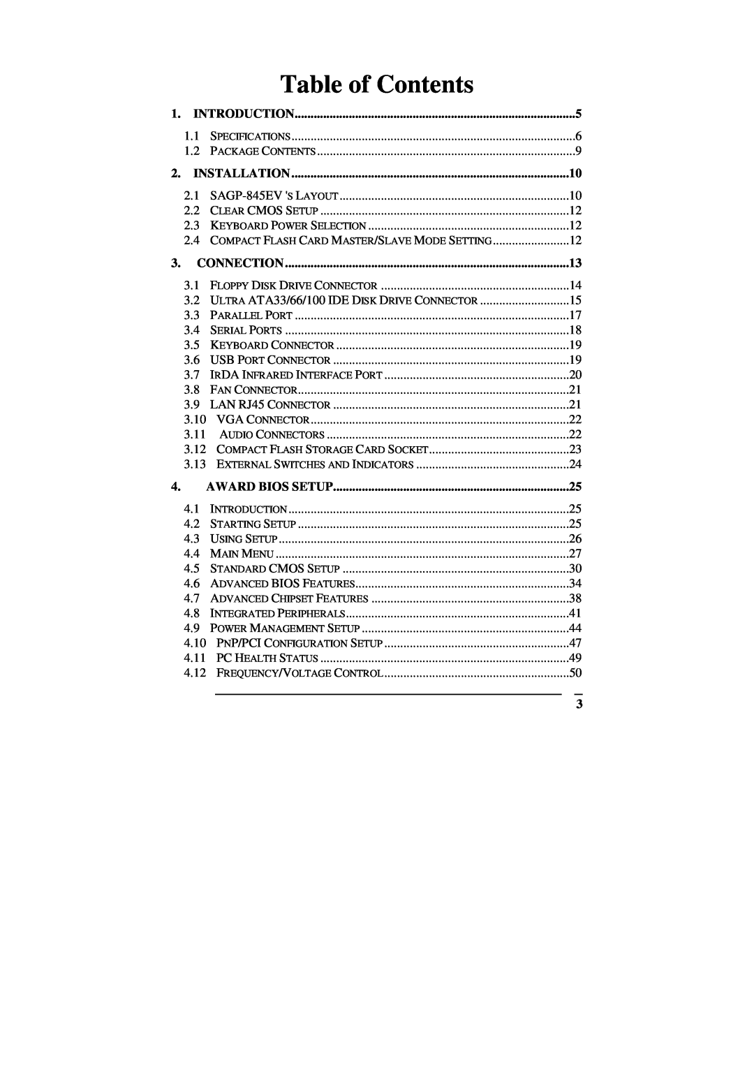 ICP DAS USA SAGP-845EV manual Table of Contents, Introduction, Installation, Connection, Award Bios Setup 