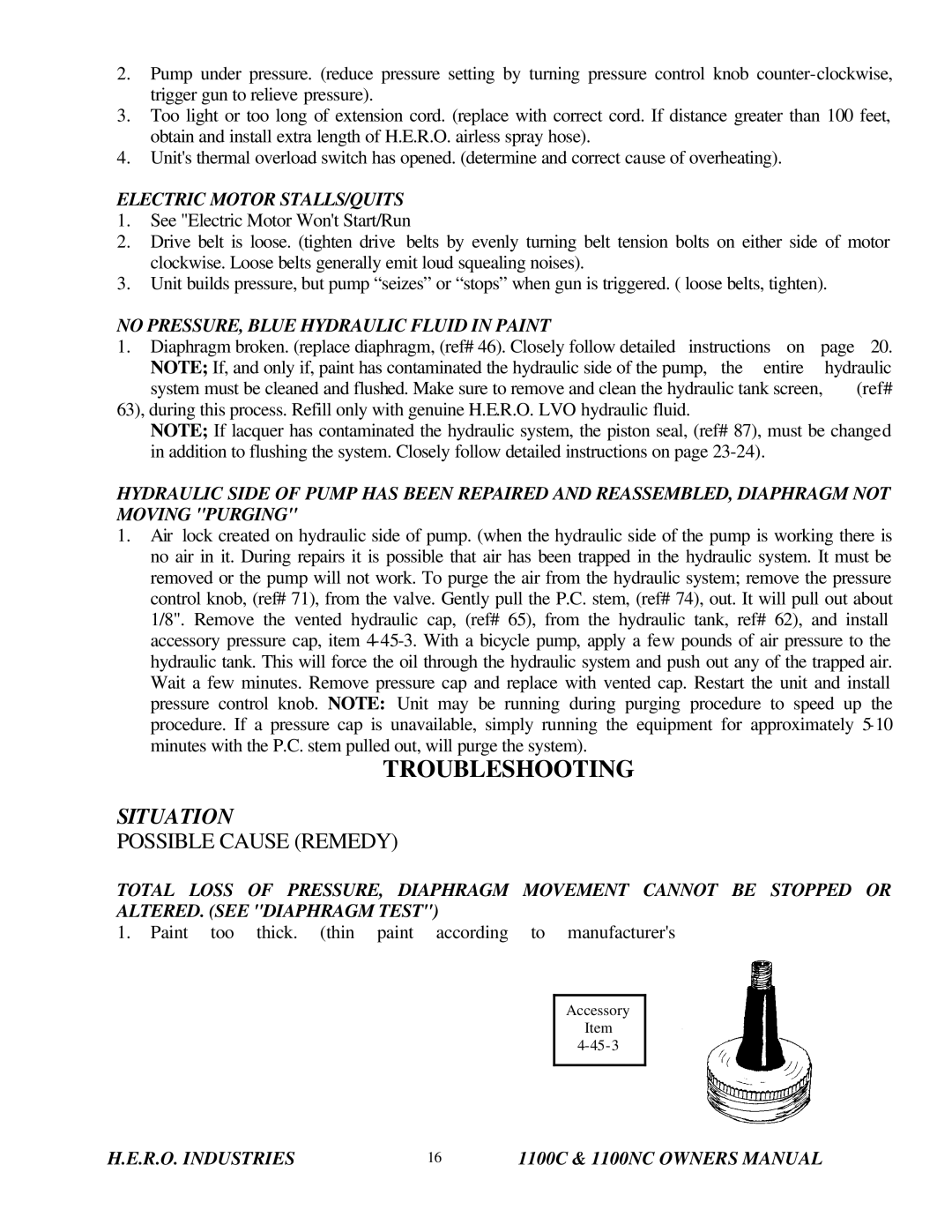 I.C.T.C. Holdings Corporation Airless Spray Equipment, 1100C, 1100NC owner manual Electric Motor STALLS/QUITS 