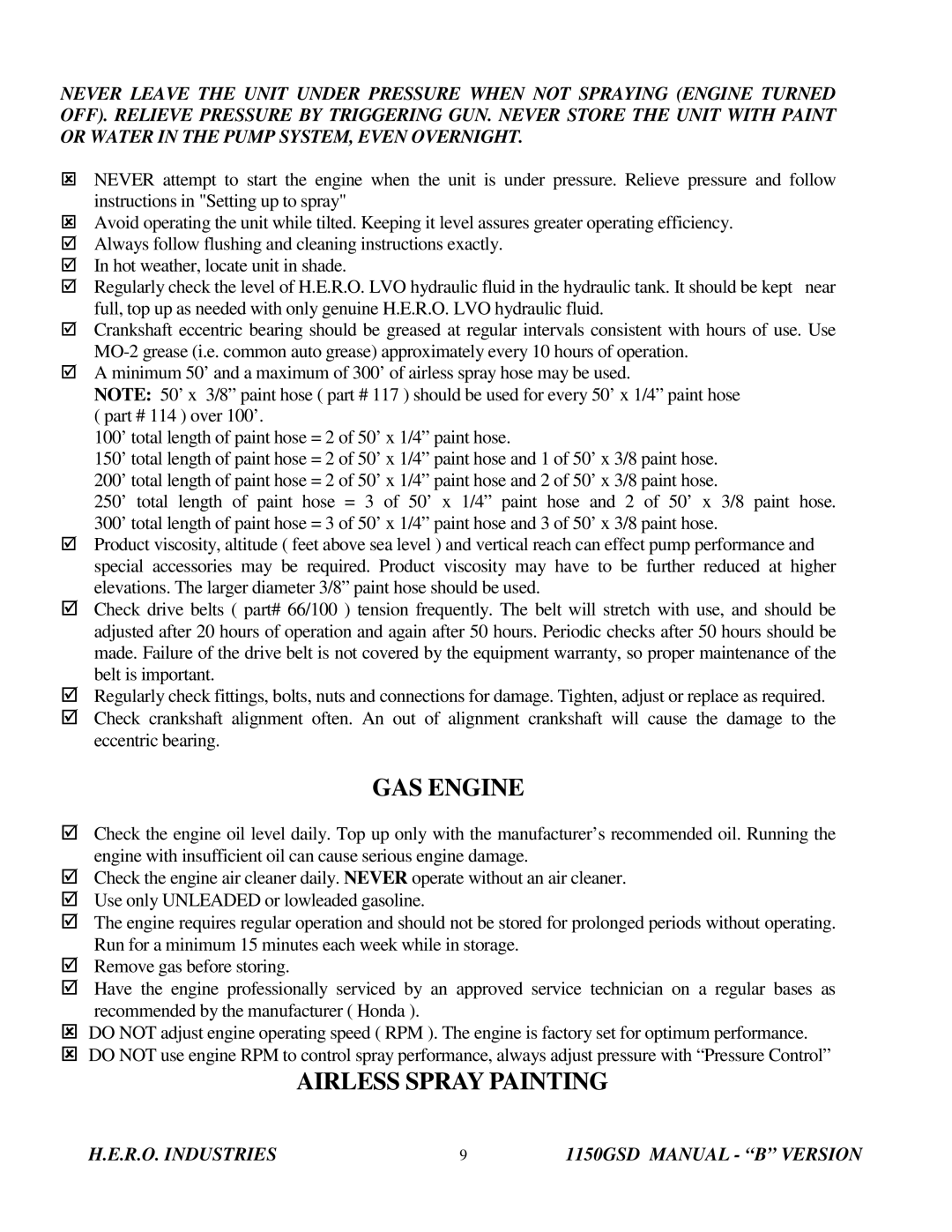 I.C.T.C. Holdings Corporation 1150GSD operating instructions GAS Engine, Airless Spray Painting 