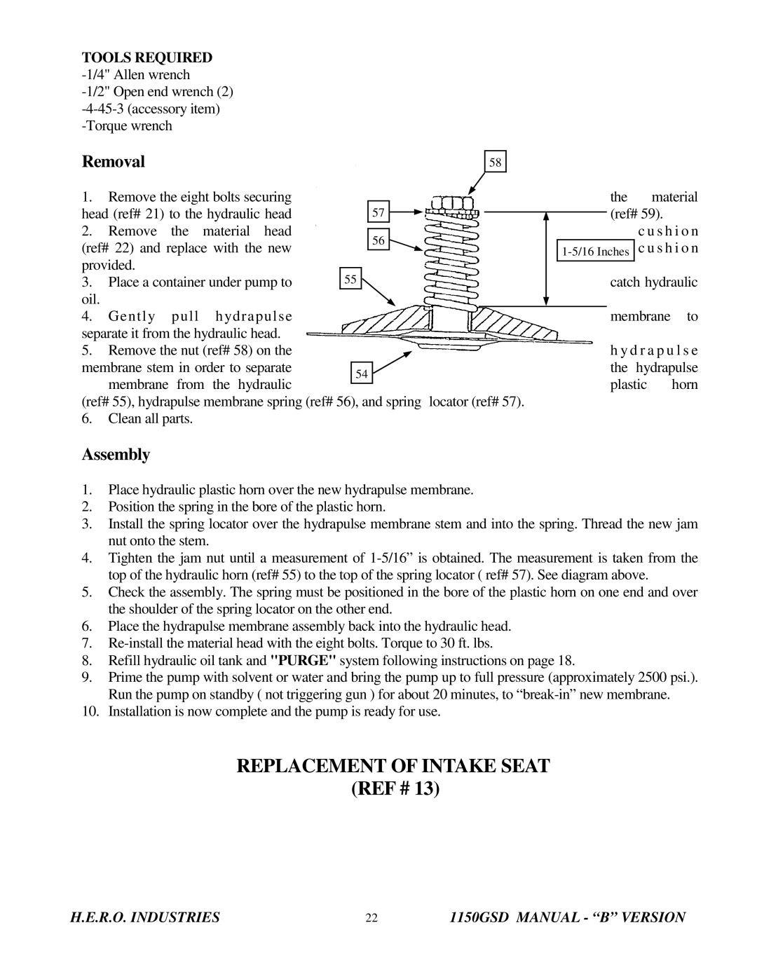 I.C.T.C. Holdings Corporation 1150GSD operating instructions Replacement of Intake Seat, Removal 