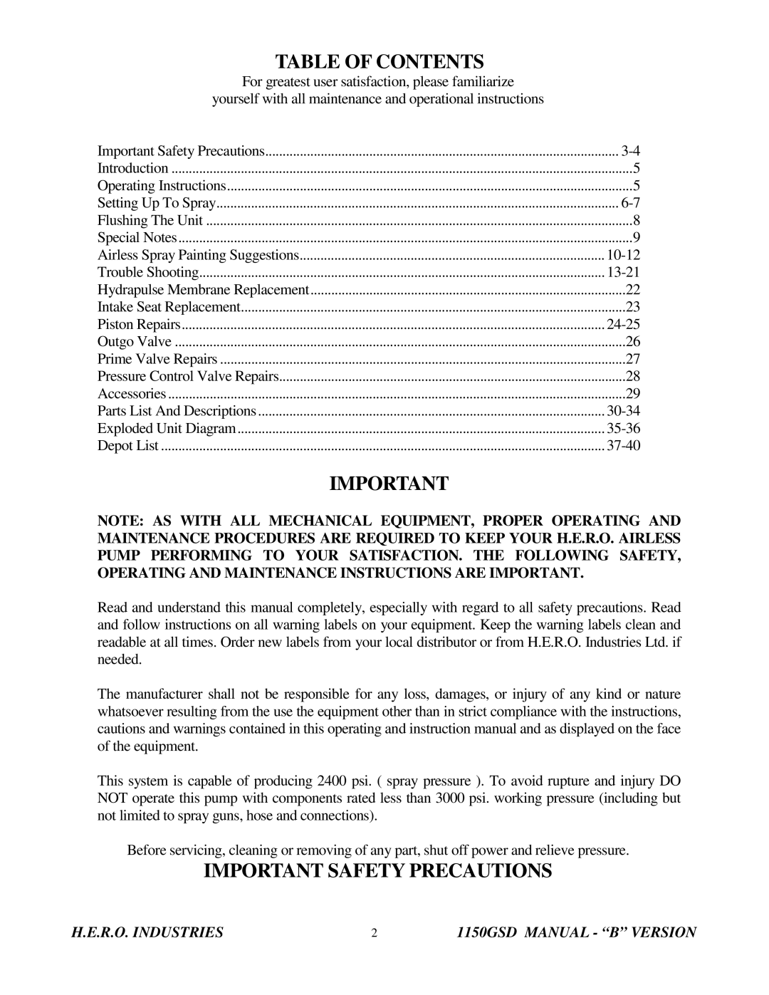 I.C.T.C. Holdings Corporation 1150GSD operating instructions Important Safety Precautions, Table of Contents 