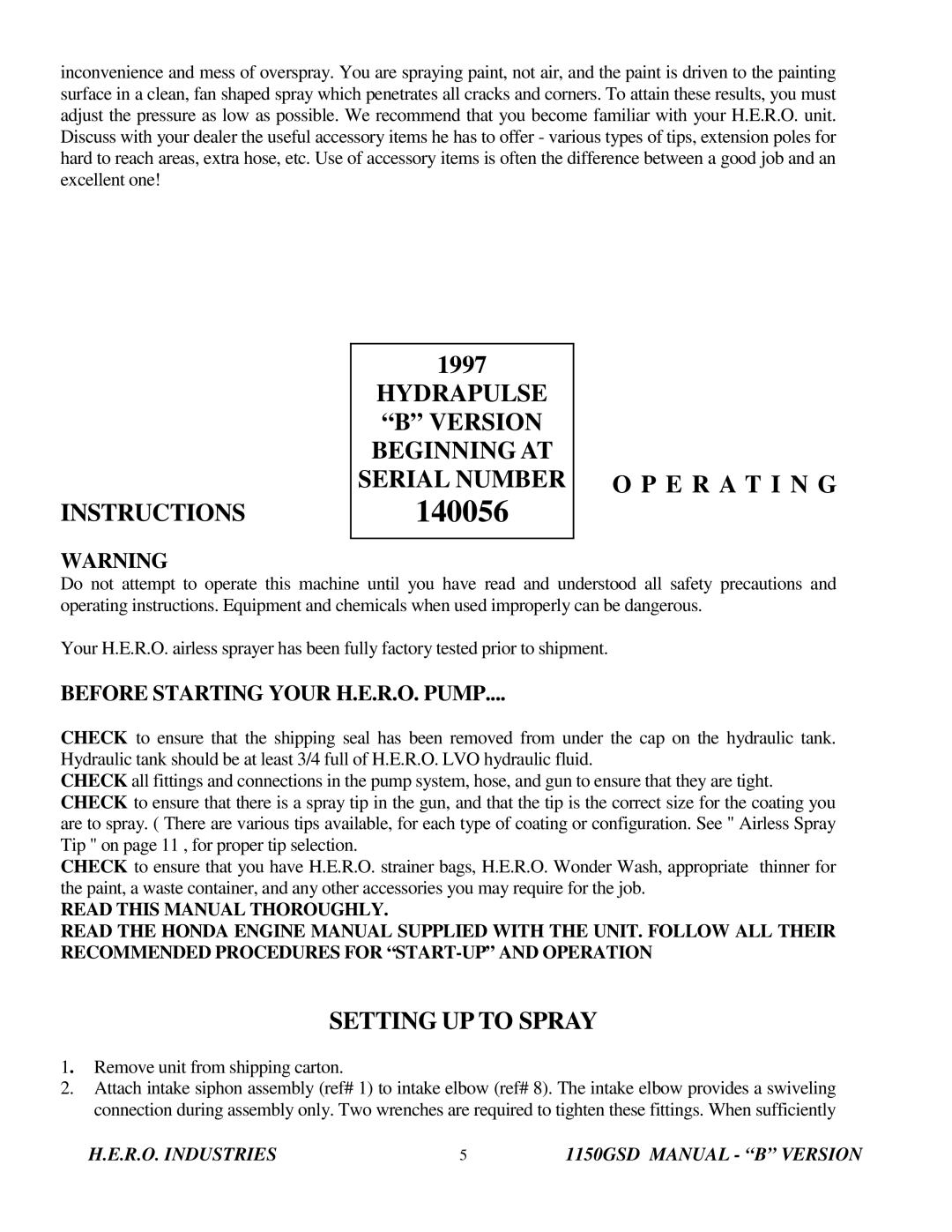 I.C.T.C. Holdings Corporation 1150GSD Instructions, Hydrapulse B Version Beginning AT Serial Number, E R a T I N G 