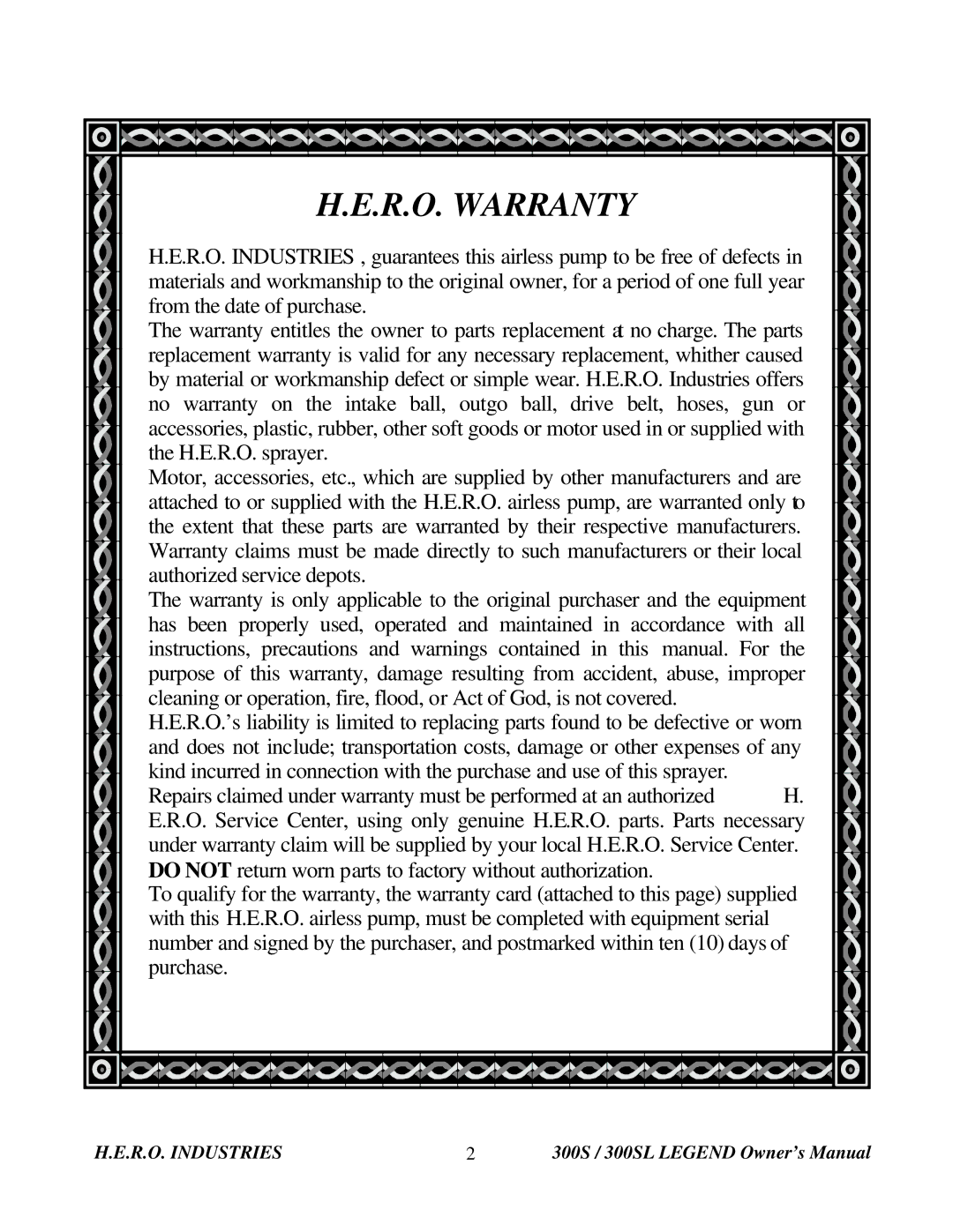 I.C.T.C. Holdings Corporation 300S Legend owner manual R.O. Warranty, R.O. Industries 