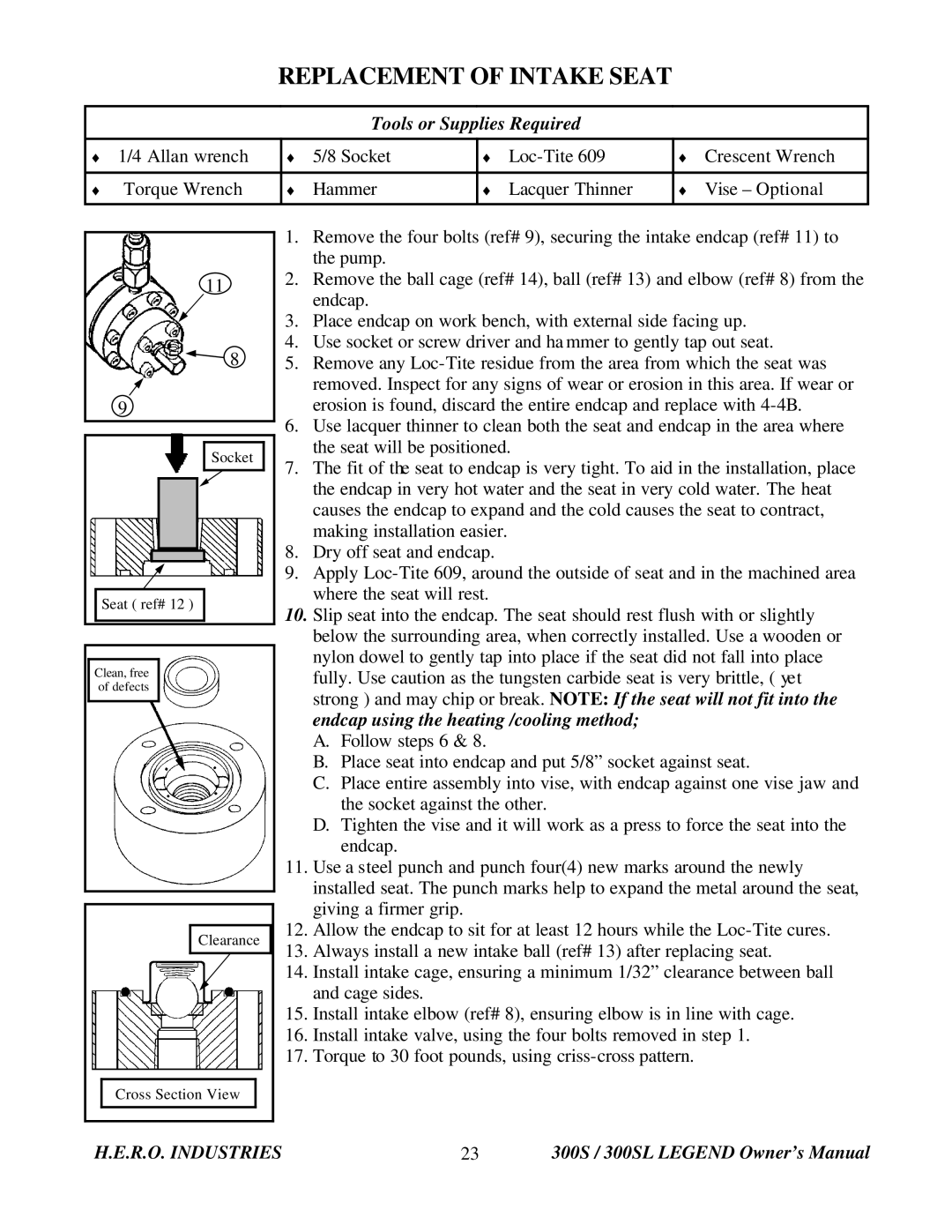 I.C.T.C. Holdings Corporation 300S Legend owner manual Replacement of Intake Seat, Tools or Supplies Required 